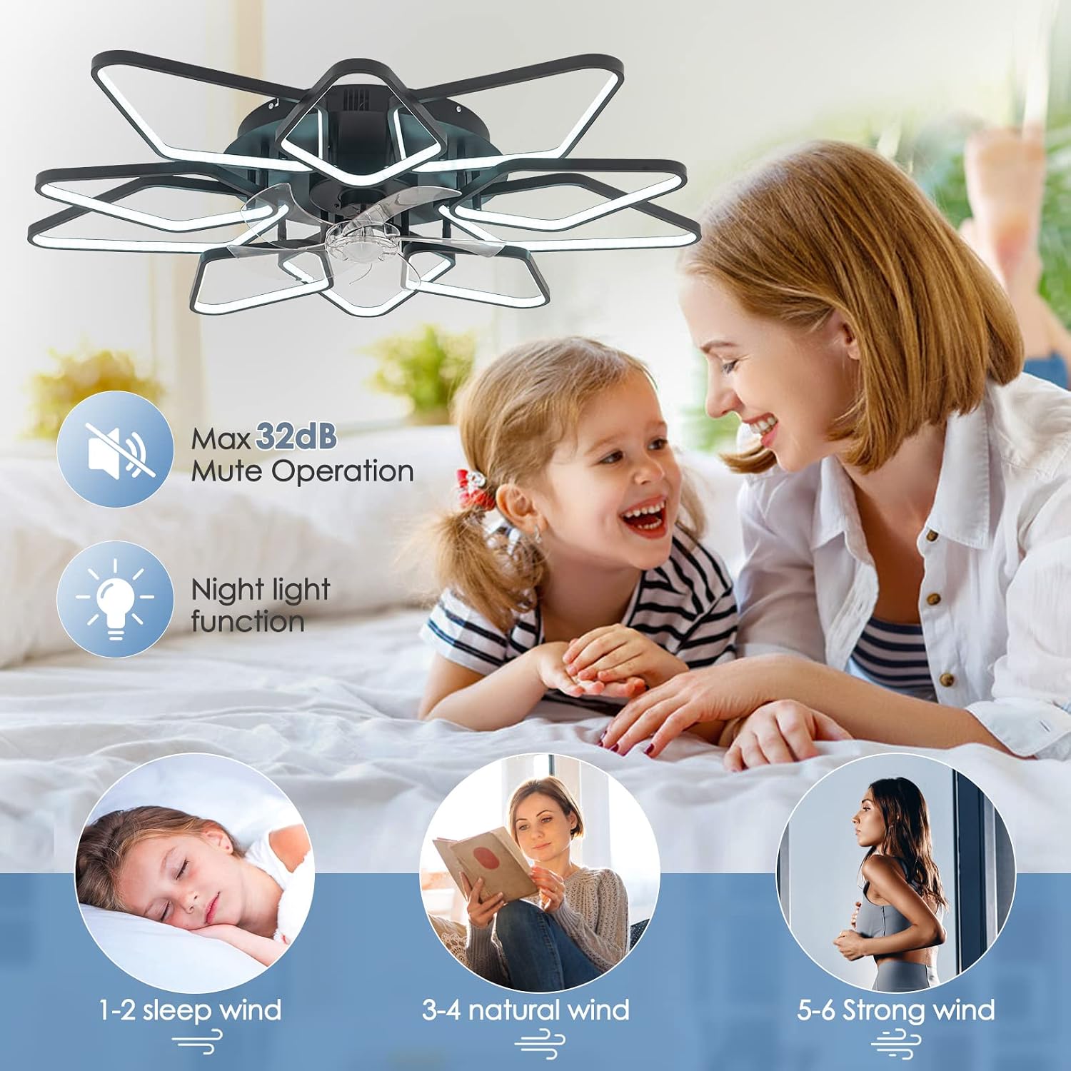 39'Ceiling Fan with Lights Remote APP Control,Modern Bladeless Ceiling Fan with Lights,Flush Mount Ceiling Fan with 6-Speed Reversible Blades,Low Profile Ceiling Fan for Bedroom Living Room (Black)…