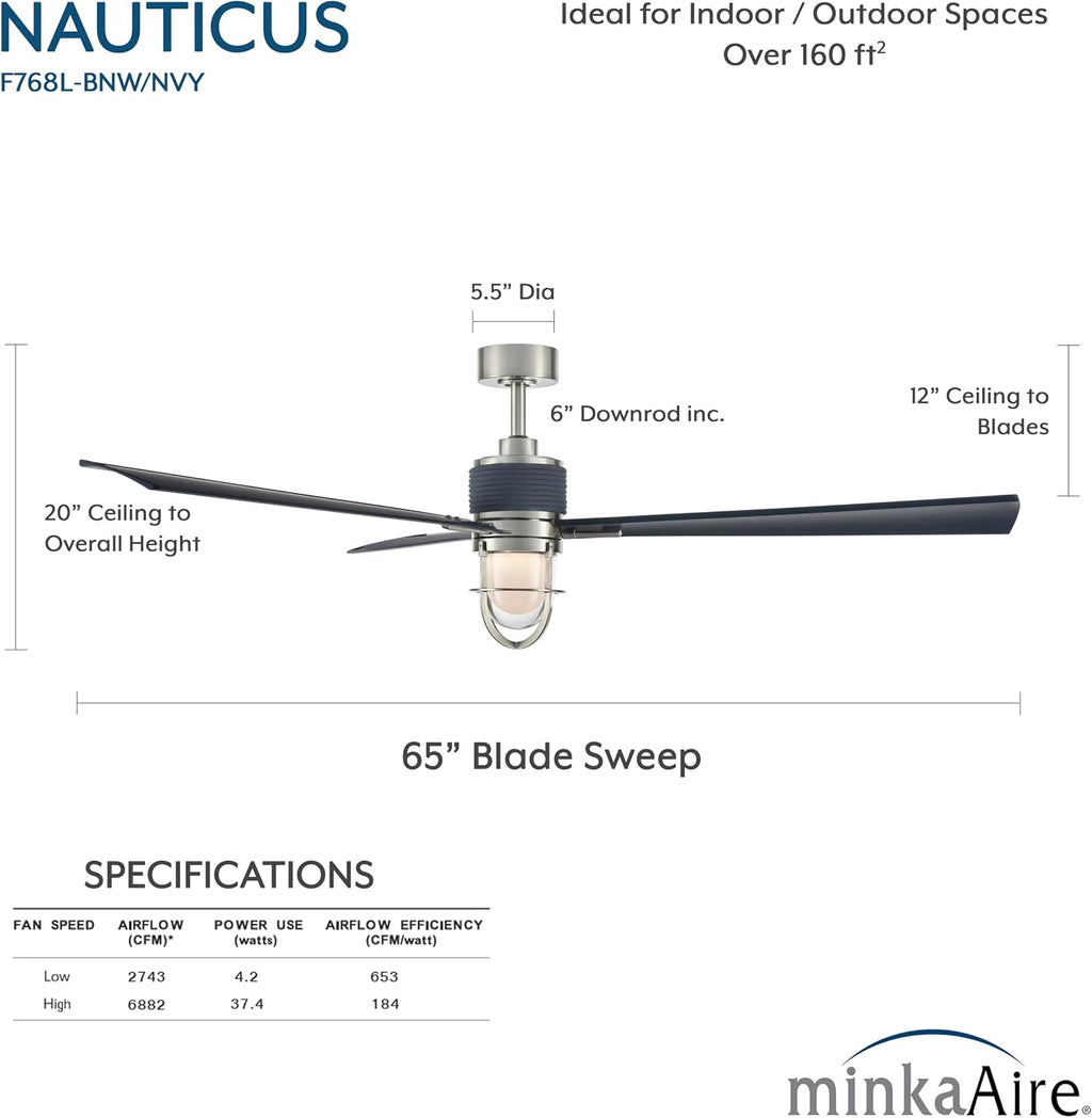 MINKA-AIRE F768L-BNW/NVY Nauticus 65' 3-Blade LED Smart Indoor/Outdoor Ceiling Fan in Brushed Nickel Wet and Navy Blades with Clear Glass