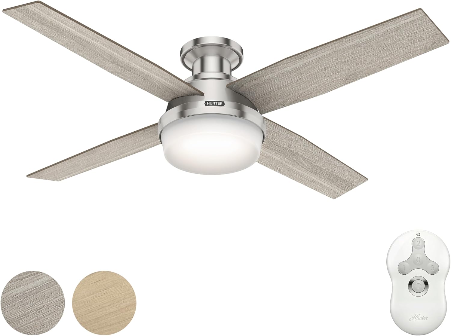 Hunter Fan 52 inch Indoor Ceiling Fan with LED Light, Brushed Nickel Ceiling Fan with Remote for Bedroom, Office or Living Room, 4 Blades (Renewed)