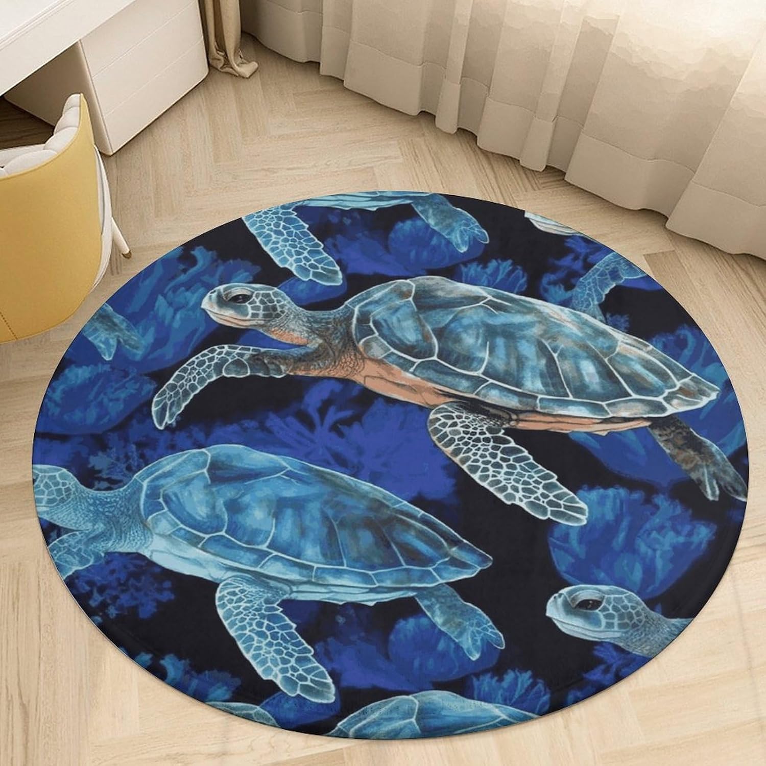 Blue Sea Turtle in Ocean Coral Velvet Round Floor Mat Non-Slip Bath Rug Floor Covering for Bathroom Vanity Guest Suite & Vacation Home