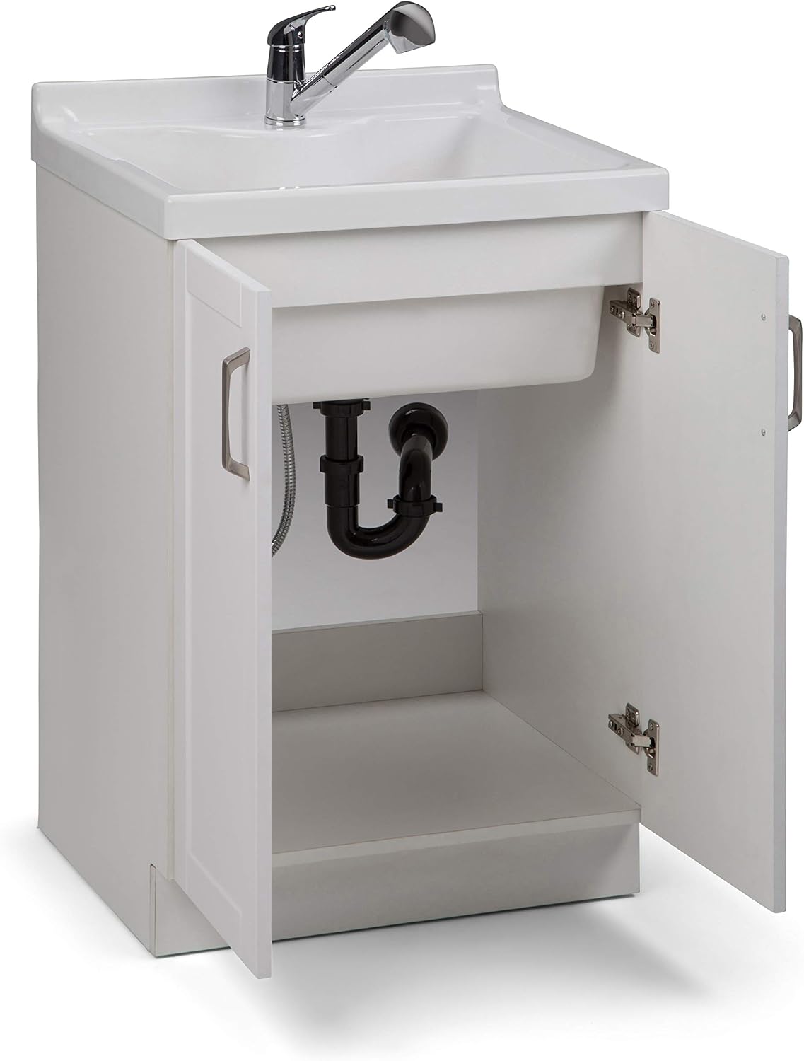 SIMPLIHOME Kyle All-in-One 24 inch Wide Utility Sink and Laundry Cabinet in Pure White Finish, Transitional ABS Sink Cabinet for Laundry Rooms with High-Arch Chrome Faucet and Pull-Out Spray