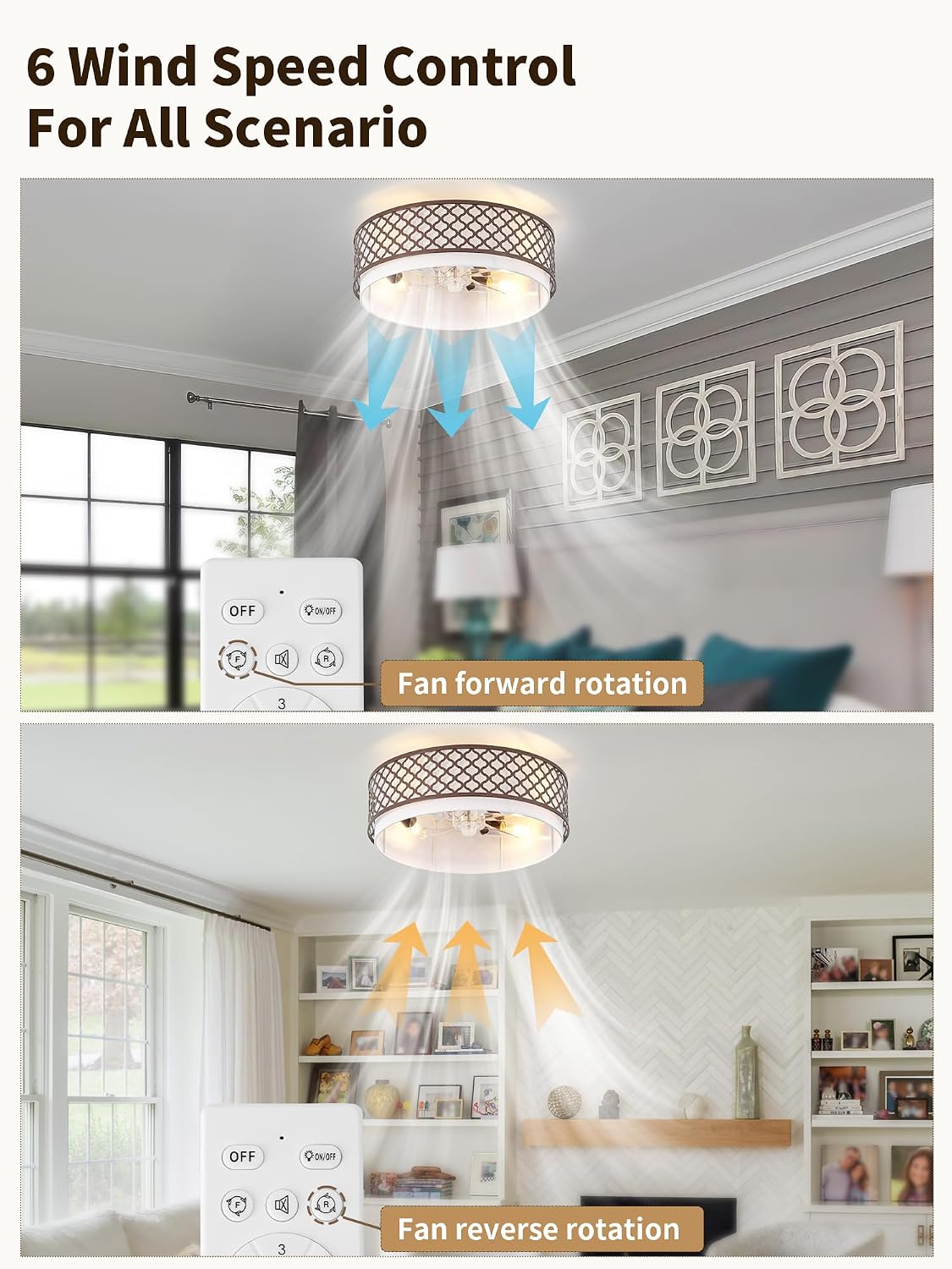 20' Farmhouse Rustic Flush Mount Ceiling Fan with Light, Brown Ceiling Fans with Lights Low Profile, Enclosed with Remote Control 6 Speeds for Living Room, Bedroom, Nursery