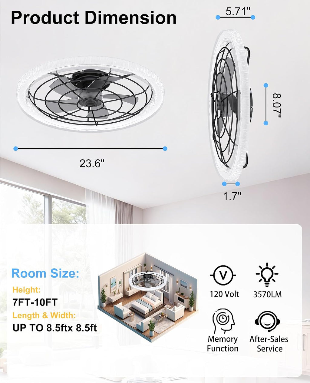 Smart Ceiling Fan with Light, Flush Mount Low Profile, Remote & App Control, 6 Speeds 30dB Quiet DC Motor, 3570 Lumens Dimmable LED, 3000K-6500K Color Options 24' Black