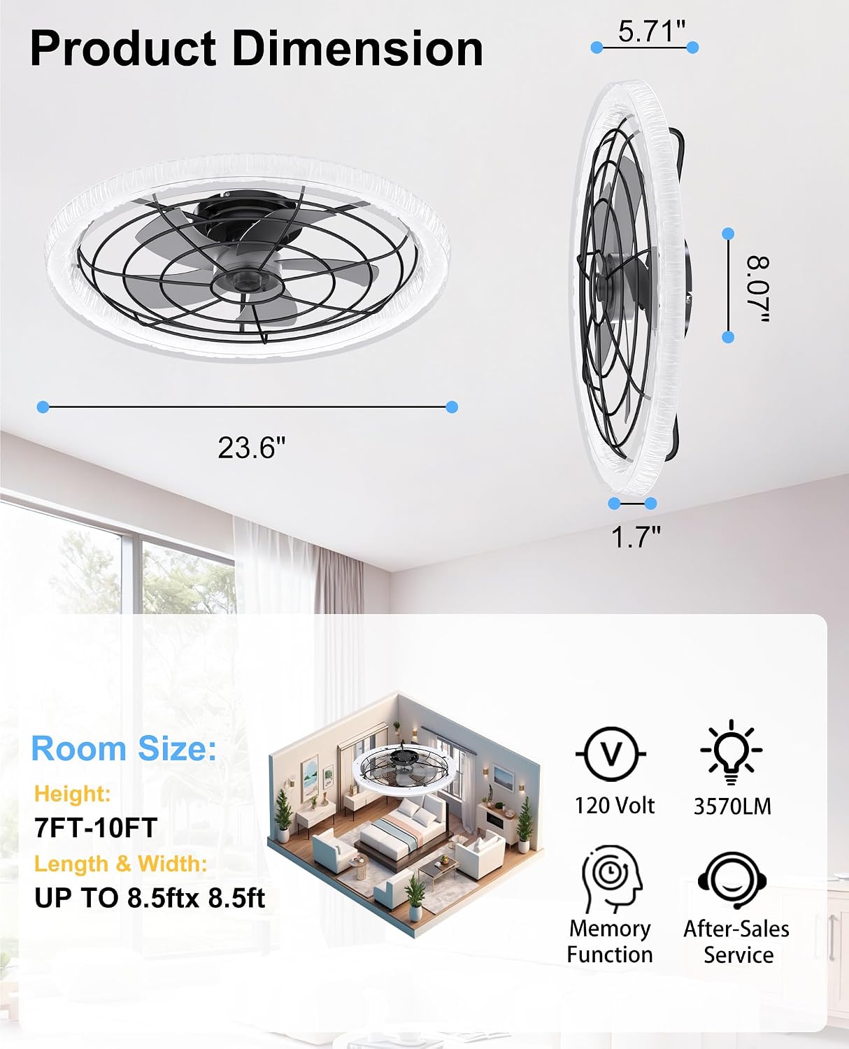 Smart Ceiling Fan with Light, Flush Mount Low Profile, Remote & App Control, 6 Speeds 30dB Quiet DC Motor, 3570 Lumens Dimmable LED, 3000K-6500K Color Options 24' Black