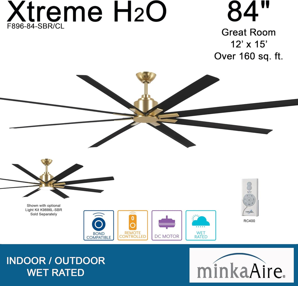MINKA-AIRE F896-84-SBR/CL Xtreme H2O 84 Inch DC Motor Outdoor Ceiling Fan with Remote Control in Soft Brass Finish with Coal Blades