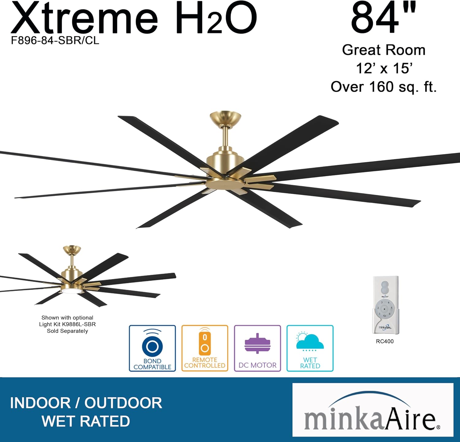 MINKA-AIRE F896-84-SBR/CL Xtreme H2O 84 Inch DC Motor Outdoor Ceiling Fan with Remote Control in Soft Brass Finish with Coal Blades