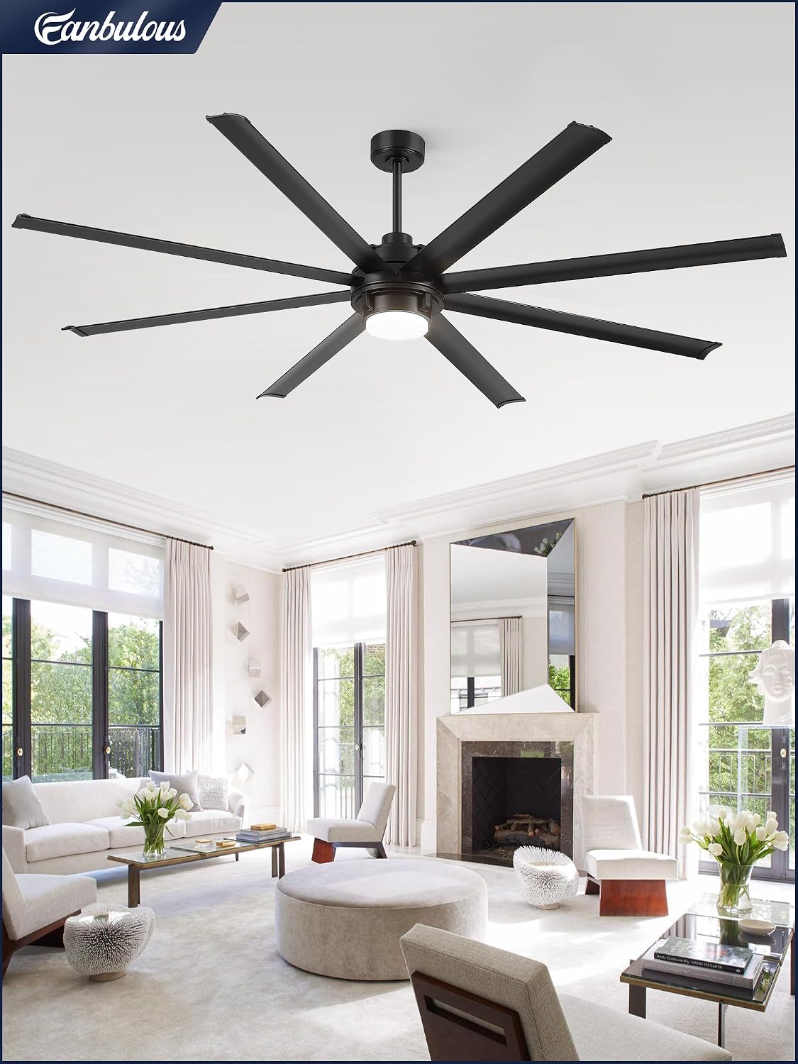 Fanbulous 84 inch Large Ceiling Fan Outdoor Industrial Ceiling Fan with Light and Remote, 6-Speed, 3CCT, 8 Aluminum Blades, Modern Black Big Assed Ceiling Fans for Patios Garage Shop Porch Indoor