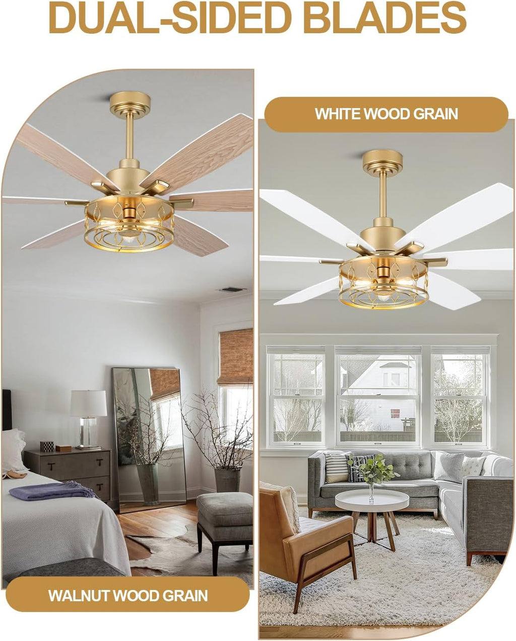 60 Inch Modern Ceiling Fan with Light White and Gold Ceiling Fan Quiet and Reversible DC Motor Chandelier Fan for Living Room Bedroom Patio
