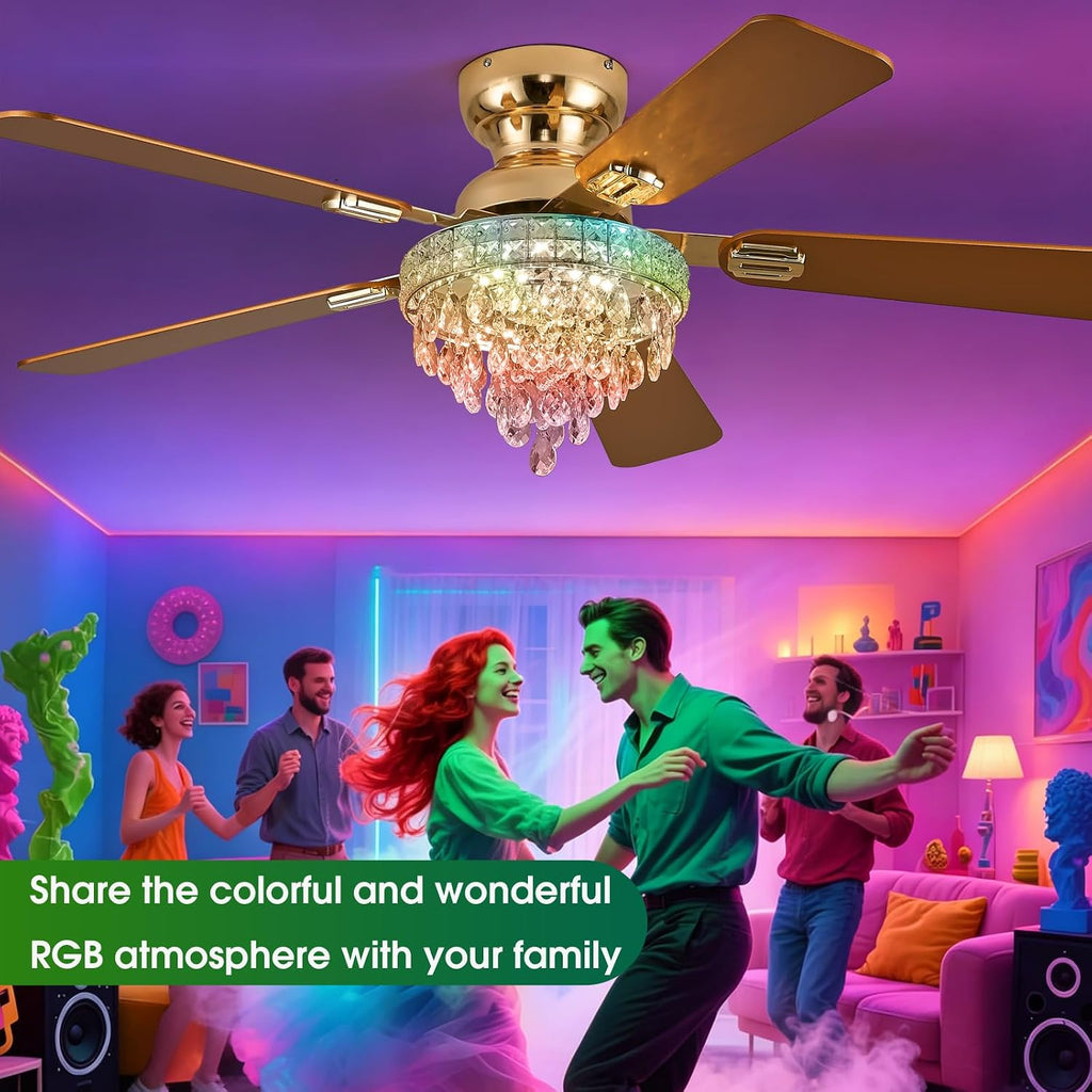 52' Crystal Ceiling Fans with RGB Lights, Remote/App Control, Luxury Fandelier Ceiling Fan Flush Mount, Reversible DC Motor, Dimmable, Bedroom Chandelier Fan, (Gold)