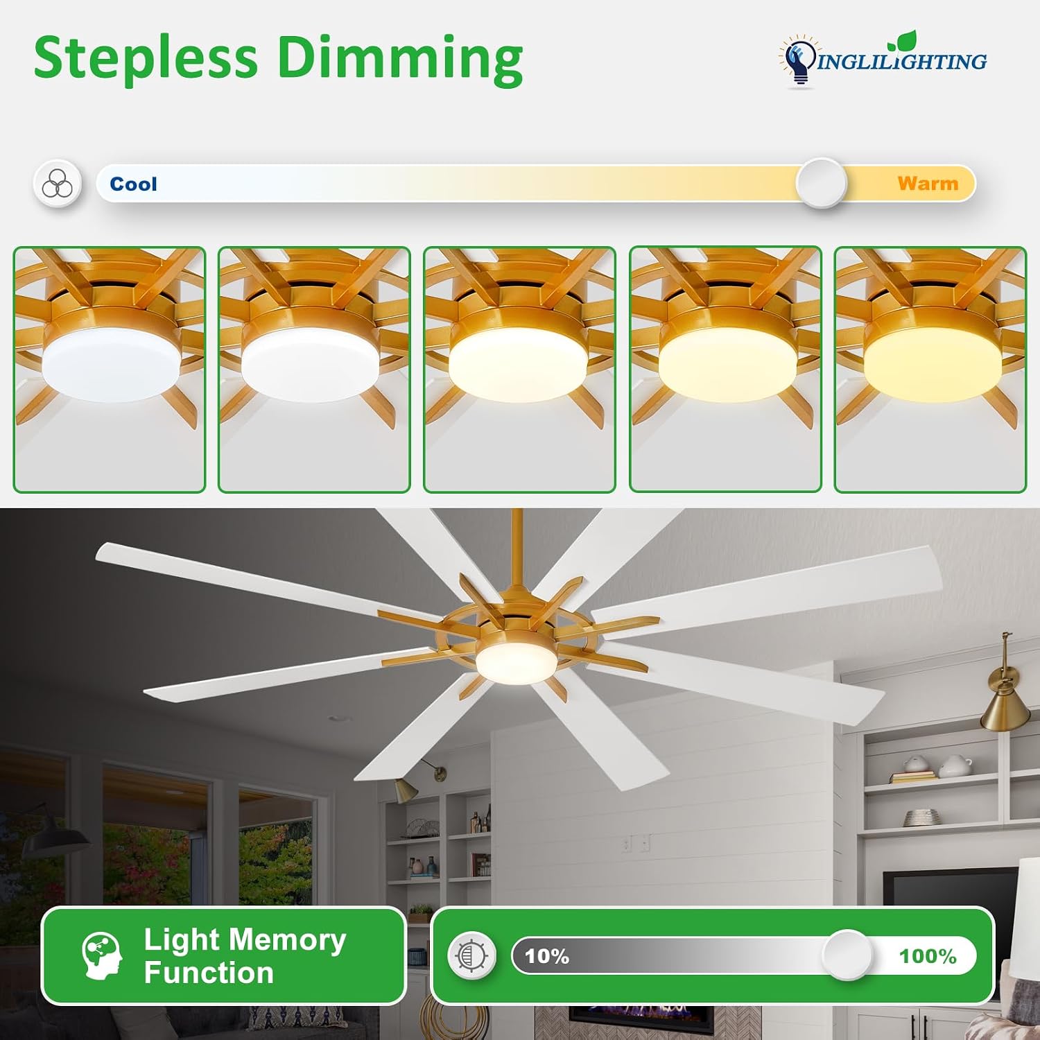 DLLT 66-Inch Ceiling Fan with Light: Farmhouse 8-Blade Bronze White Indoor Outdoor Fans with Remote App Control Dimmable Light - Ultra Quiet DC Motor Reversible 6 Speed Timer