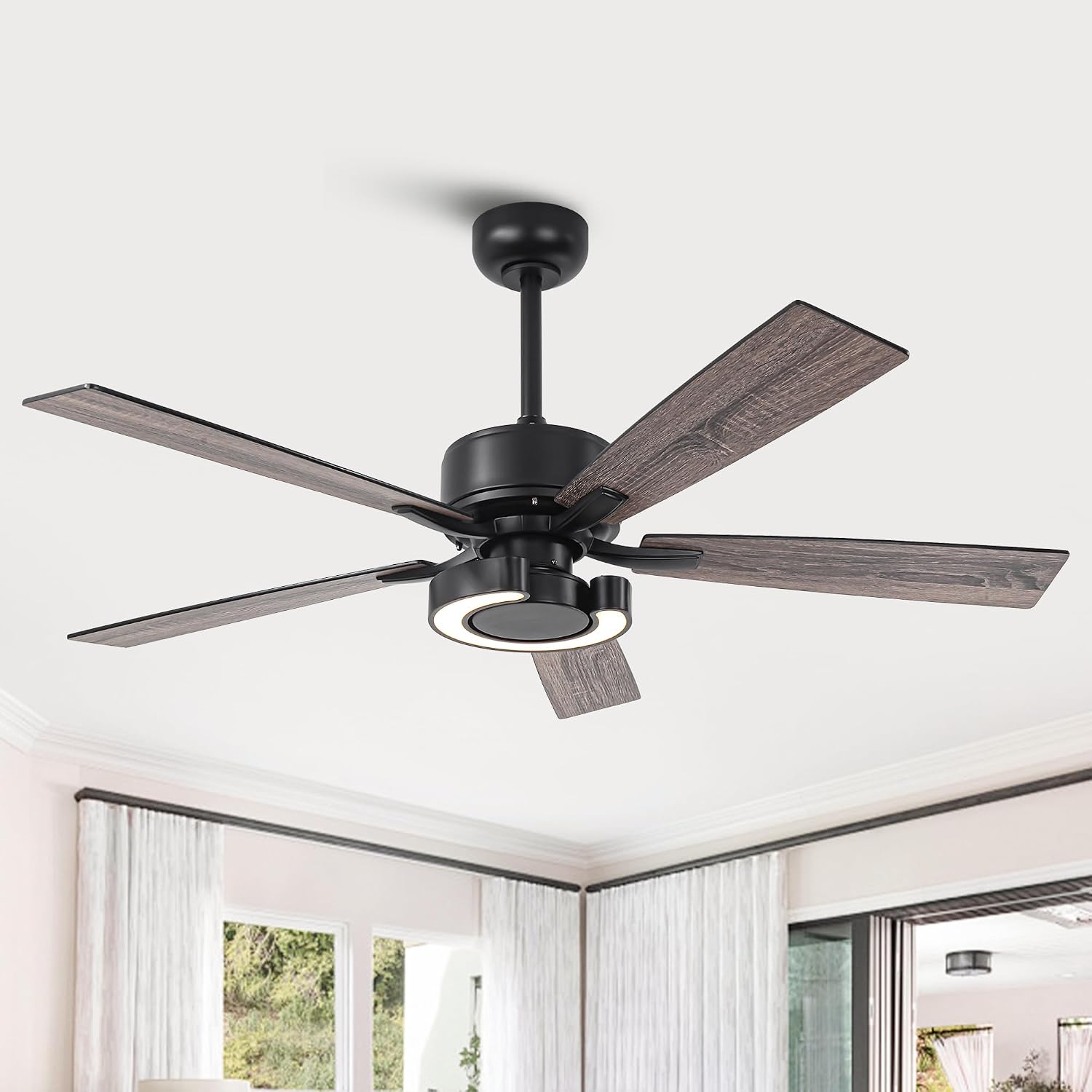 52 Inch Black Ceiling Fans with Lights and Remote - Creative Modern Ceiling Fan for Bedroom Living Room with 3CCT, 6 Speeds, Quiet, Dual-Sided Reversible 5 Blades Indoor Outdoor Chandelier Fan