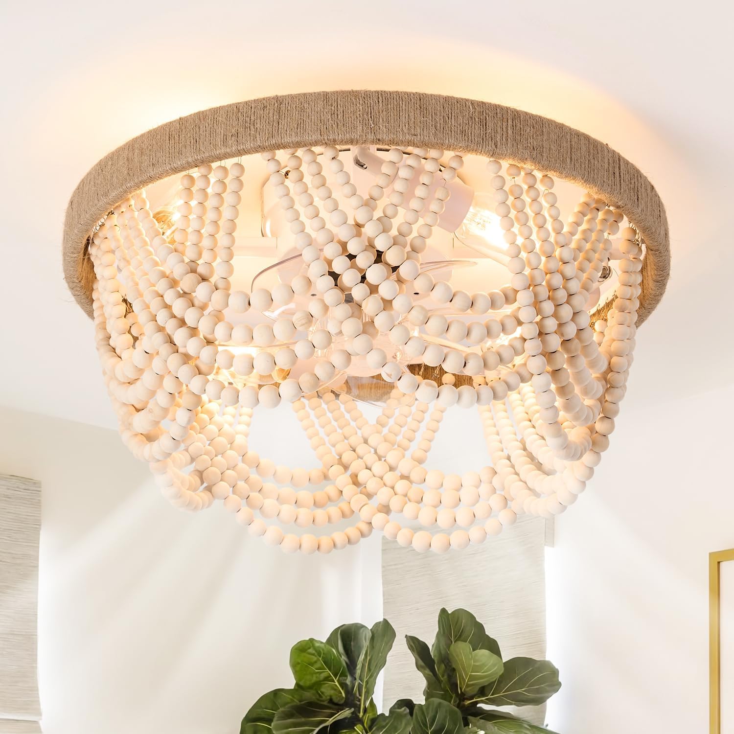 20' Boho Ceiling Fan with Light, Coastal Fandelier Ceiling Fans with Lights and Remote Control,Caged Wood Beaded Flush Mount with 6 Speeds for Living Room Bedroom Nursery