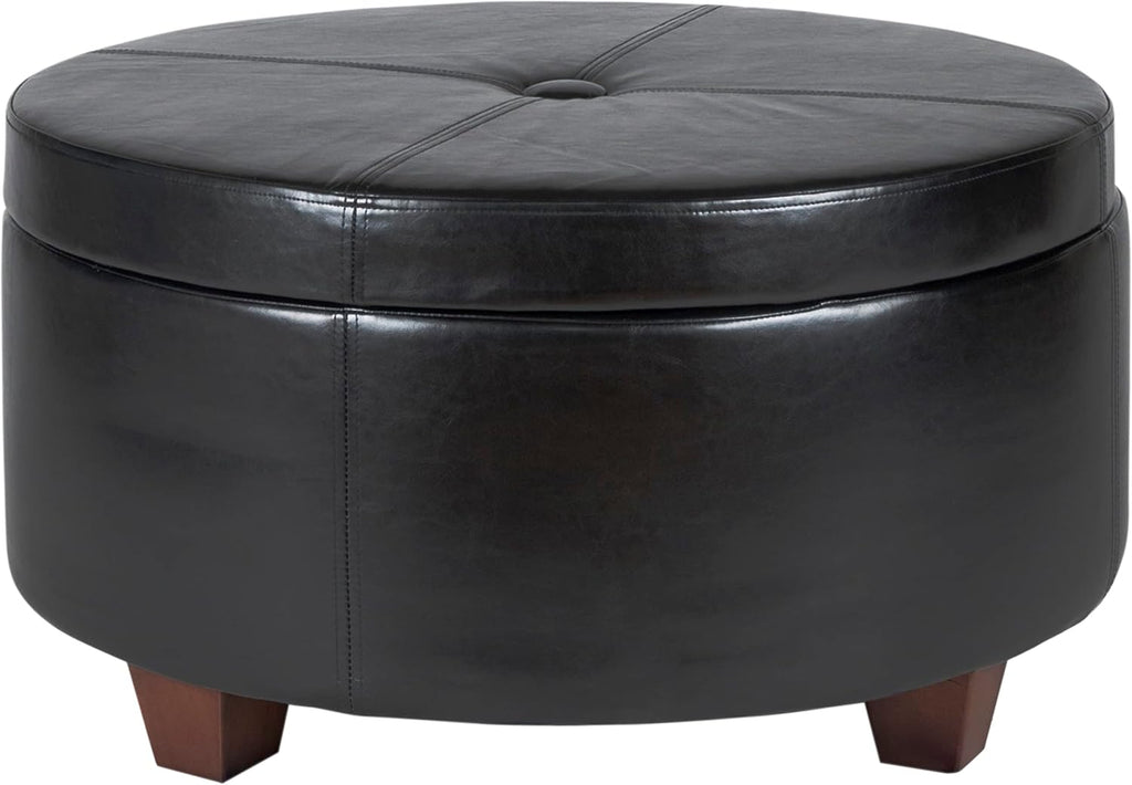 HomePop 32' Large Tufted Round Storage Ottoman - Black Faux Leather
