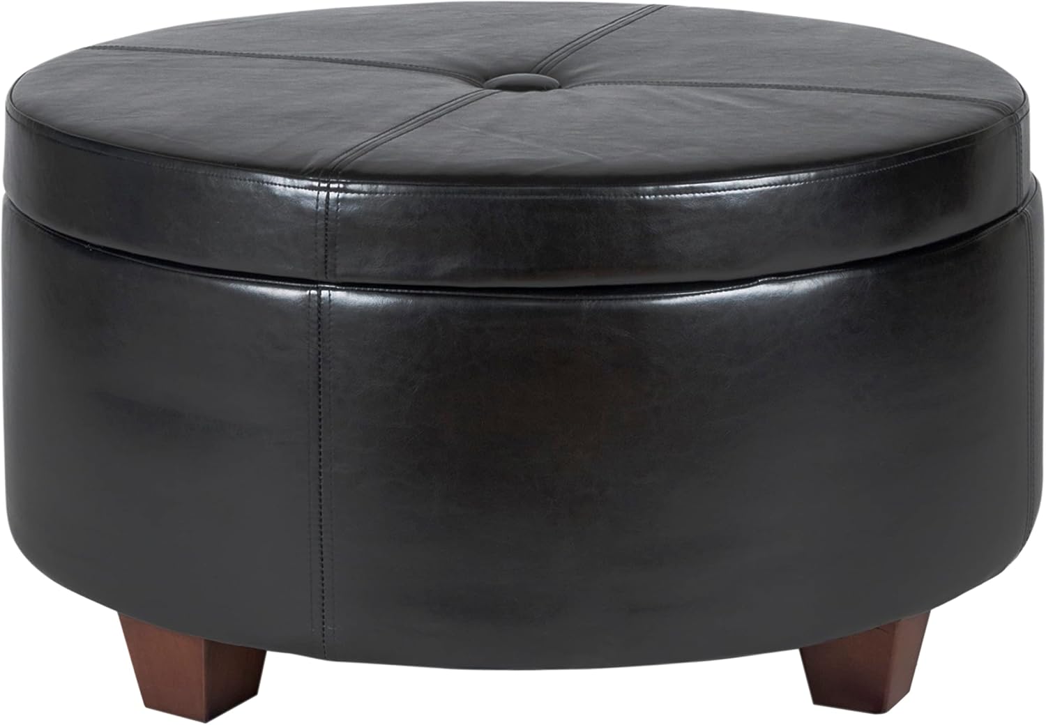 HomePop 32' Large Tufted Round Storage Ottoman - Black Faux Leather