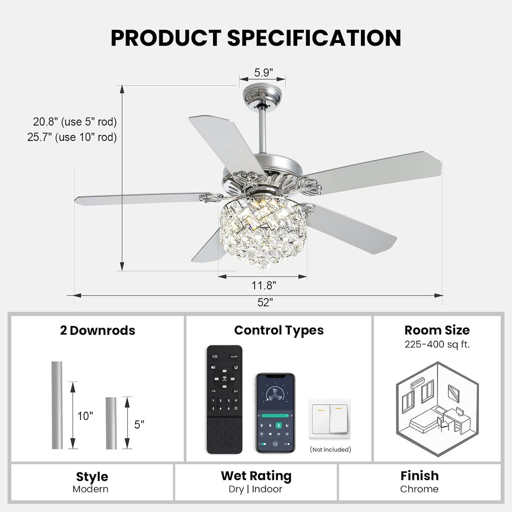 52' Crystal Ceiling Fan with Light Dimmable LED Chandelier Ceiling Fan Modern Reversible Fandelier Light Fixture with Remote for Bedroom Dining Room Living Room Chrome