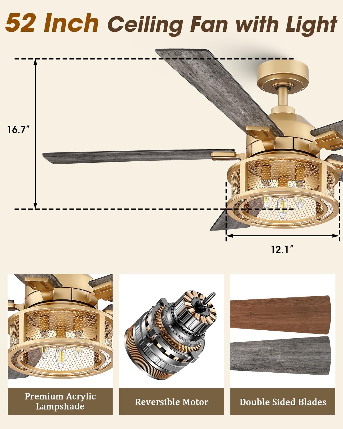 Parrot Uncle 52 Inch Ceiling Fan with Lights and Remote, Rustic Gold Ceiling Fan for Living Room Bedroom, 2 Color Blades, 3 Speeds,3 CCT,Timing and Memory Function(Bulb not included)