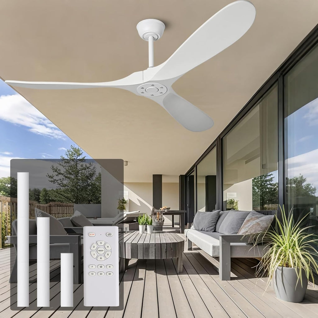 60 Inch White Ceiling Fan No Light ，Wood Indoor Outdoor Ceiling Fans for Patios Living Room Bedroom Porch Big Farmhouse Ceiling Fan for Flat Sloped Angled Ceiling