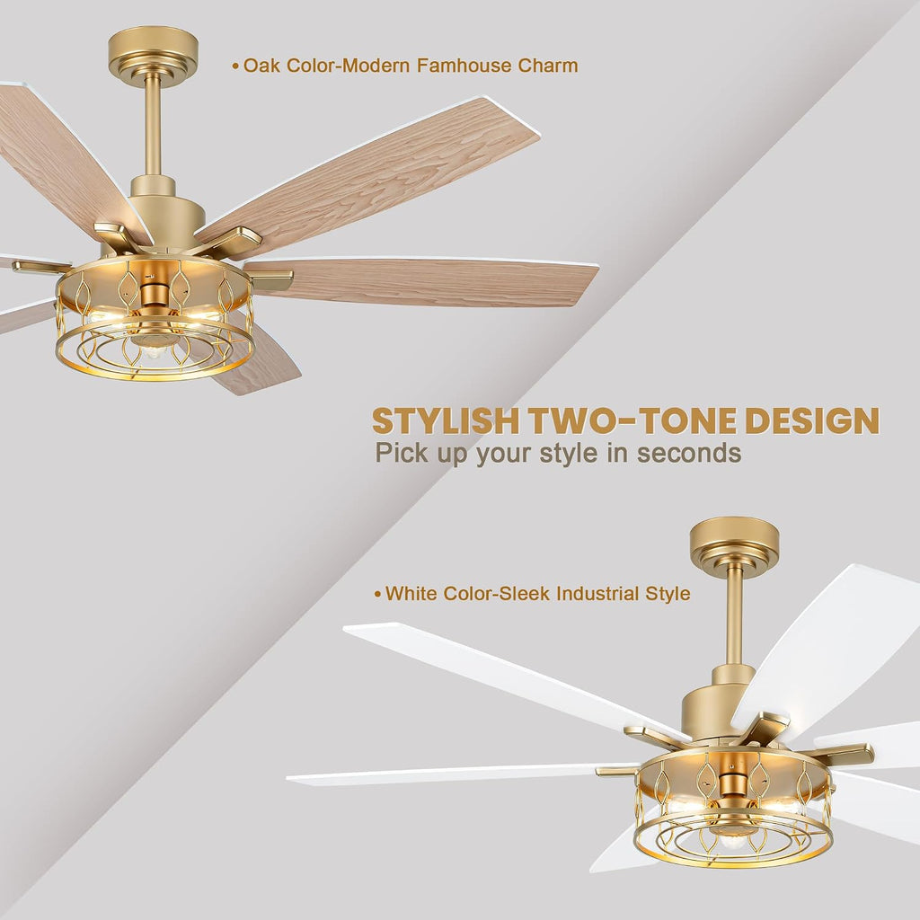Dawn Whisper 60 Inch Ceiling Fans with Lights Gold Ceiling Fans with Remote Quiet Reversible DC Motor 6 Speeds Large Industrial Chandelier Fan for Living Room Bedroom
