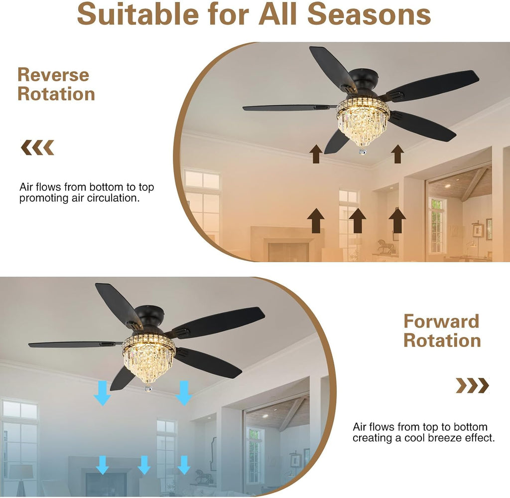 Crystal Ceiling Fan Fandelier with Lights-Ceiling Fans with Lights,54' Low Profile and Remote Control, Flush Mount, Reversible, Dimmable, Noiseless, Black Ceiling Fan for Bedroom