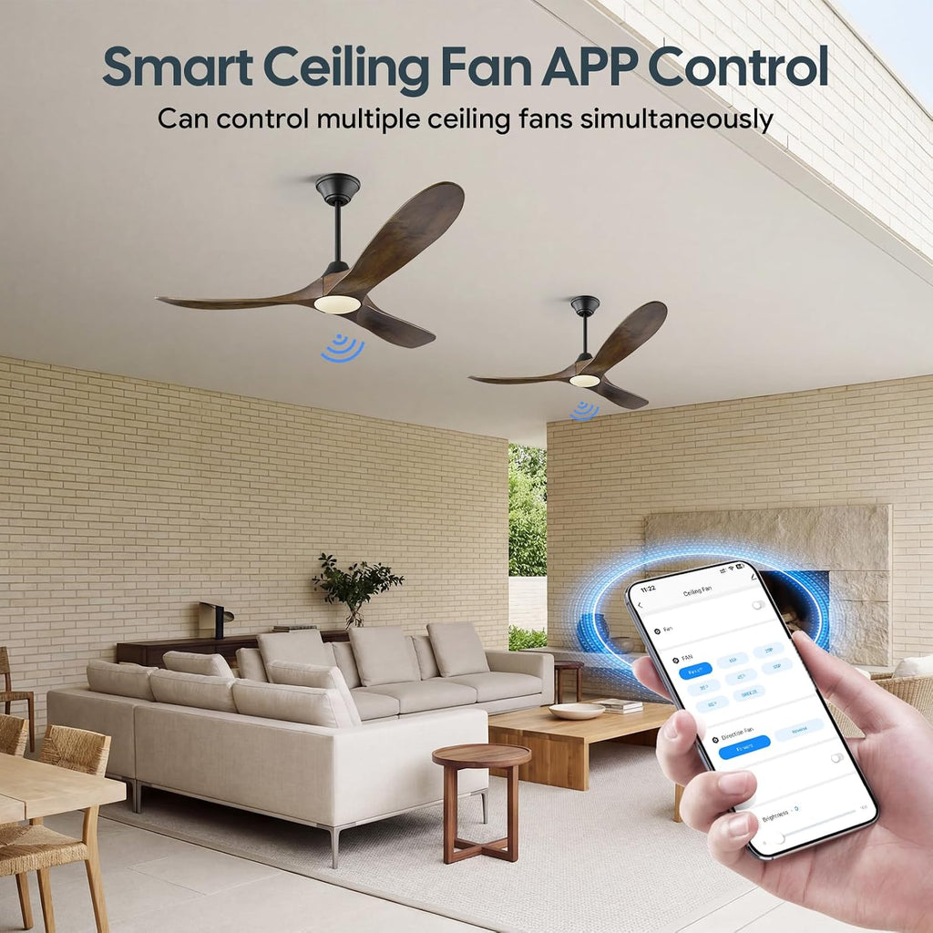 42 Inch Smart Ceiling Fan with Lights Remote, Alexa WIFI Voice Control, Low Profile Indoor/Outdoor Ceiling Fans for Patios Damp Rated, 3 Blades Wood Propeller DC Motor for Living Room,Bedroom,Porch
