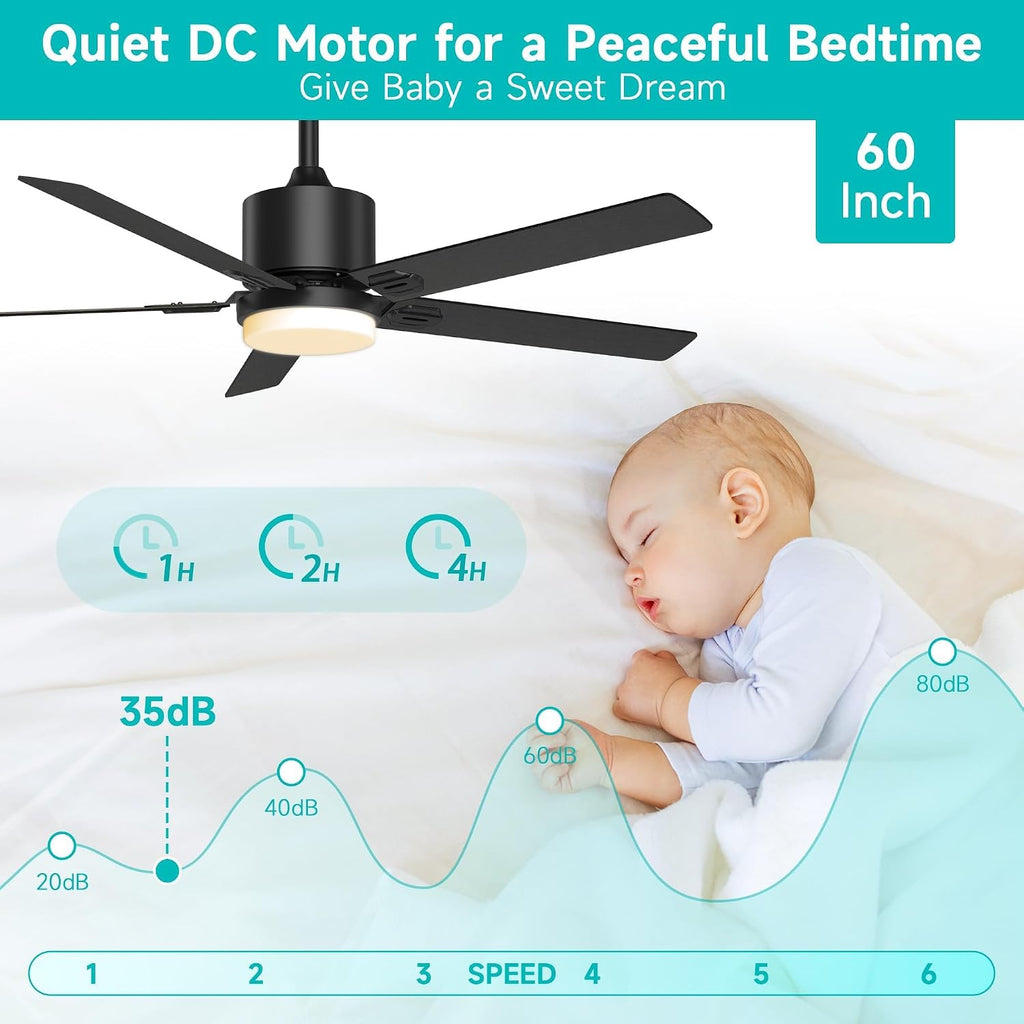 Obabala 60 Inch Ceiling Fan with Light,Ceiling Fans with Remote Indoor Outdoor DC Motor Black Ceiling Fan with Light LED for Patios,Garage,Dining Room, Bedroom, Kitchen, Living Room, Farmhouse