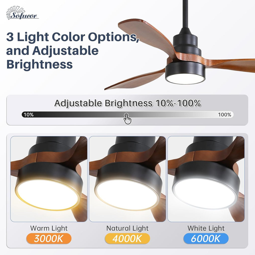 Sofucor 48 Inch Smart Ceiling Fan with Light, Solid Wood Low Profile Ceiling Fans with Lights and Remote, Work with Alexa/Google/App, Quiet DC Motor, 3 Blade Ceiling Fan for Bedroom Living Room Patio