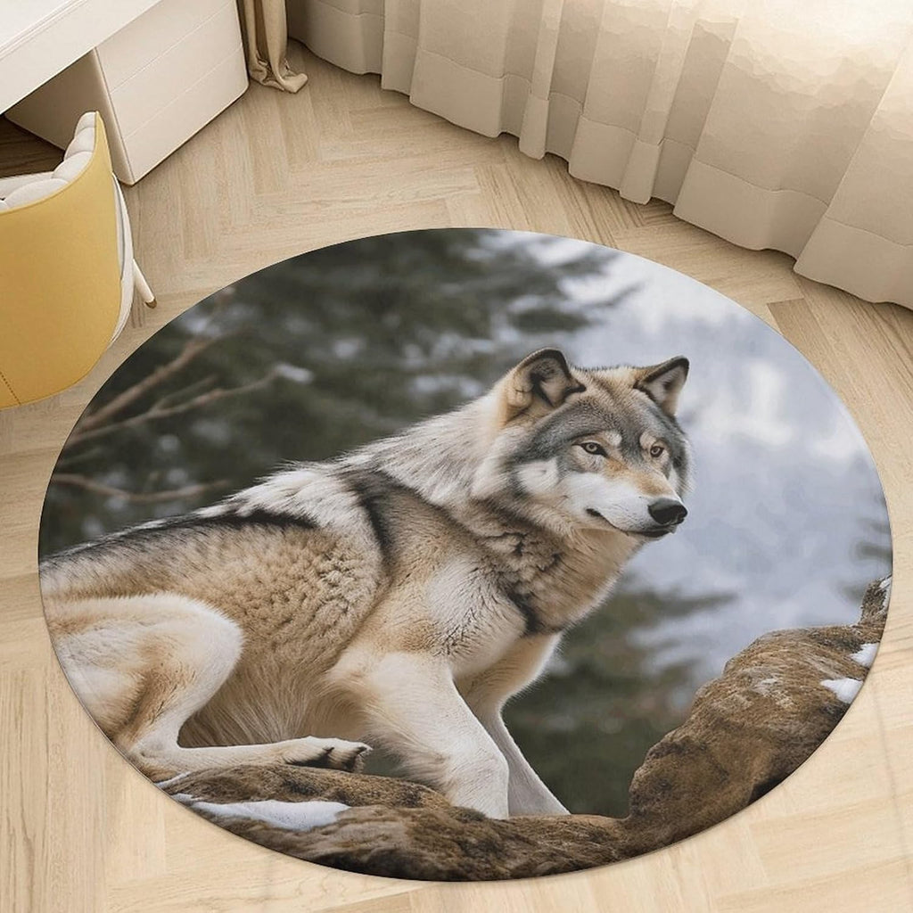 Snow Mountain Wild Wolf Coral Velvet Round Floor Mat Non-Slip Bath Rug Floor Covering for Bathroom Vanity Guest Suite & Vacation Home