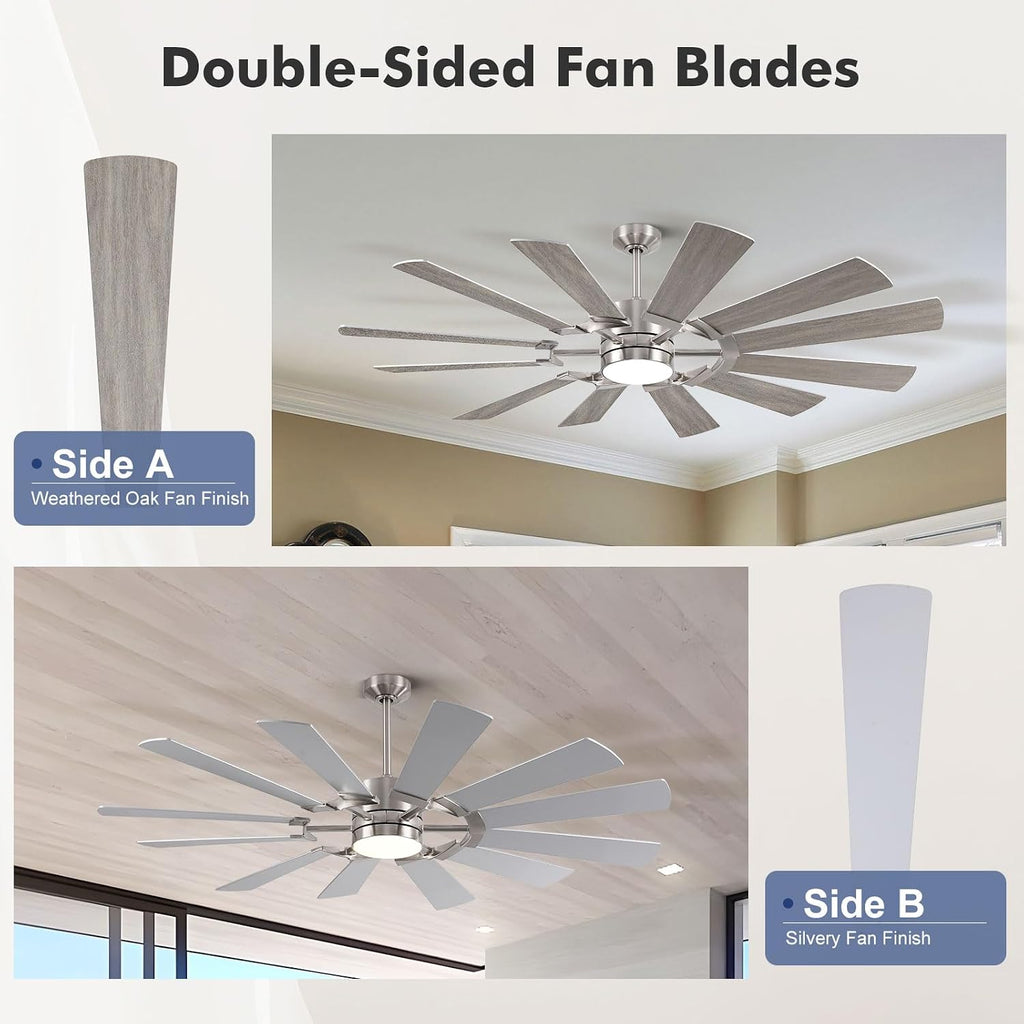 62 Inch Ceiling Fan with Light Remote, Modern Farmhouse Industrial 12 Blade(Sliver/Oak), High CFM Quiet Reversible DC Motor, Damp Rated Indoor Outdoor Ceiling Fans for Patios Garage Porch Barn Gym