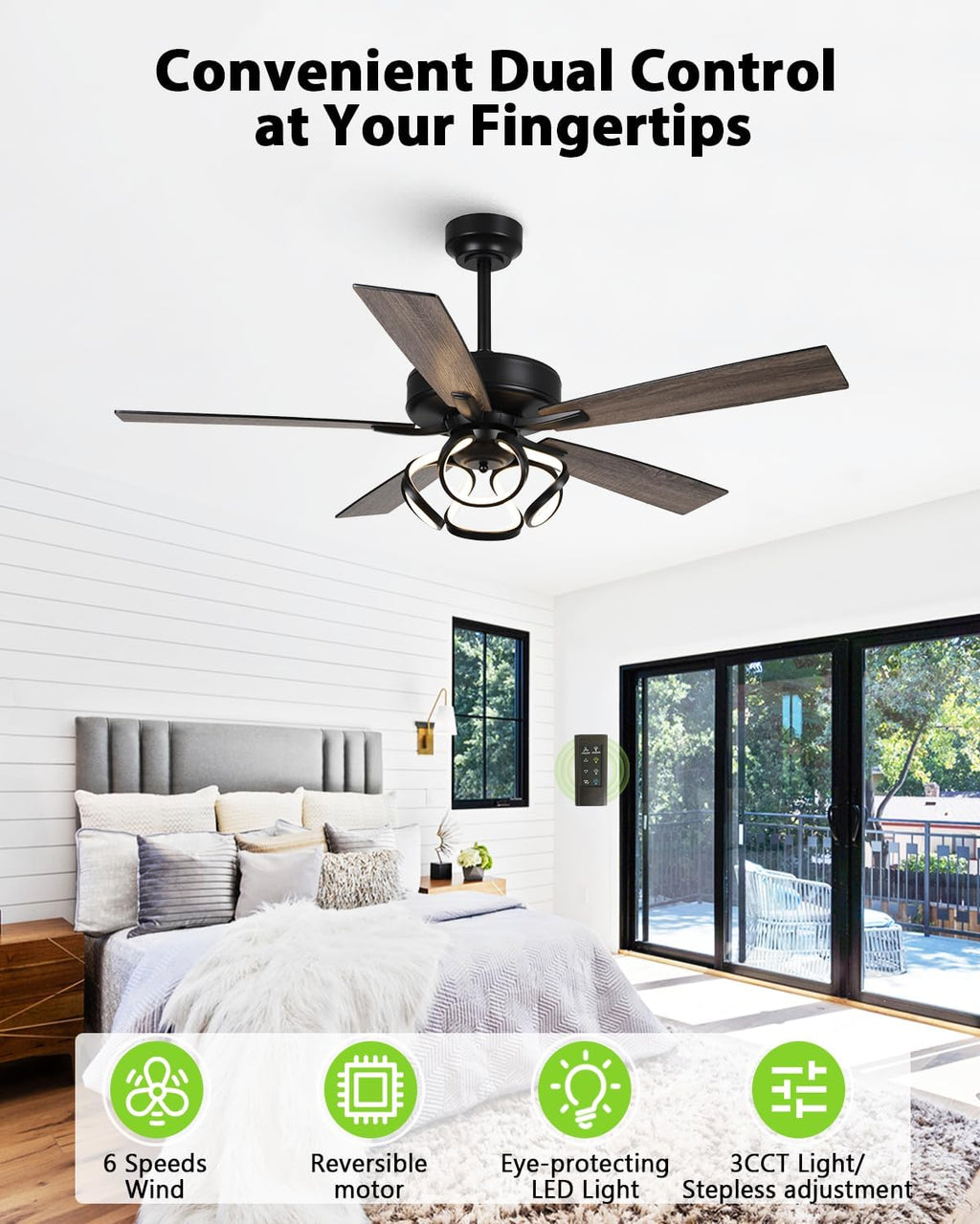 52 Inch Ceiling Fans with Lights, Creative Modern Black Ceiling Fan and Remote, Dimmable, 6 Speeds, Quiet, Dual-Sided Reversible 5 Blades Indoor Outdoor Chandelier Fan for Bedroom Living Room