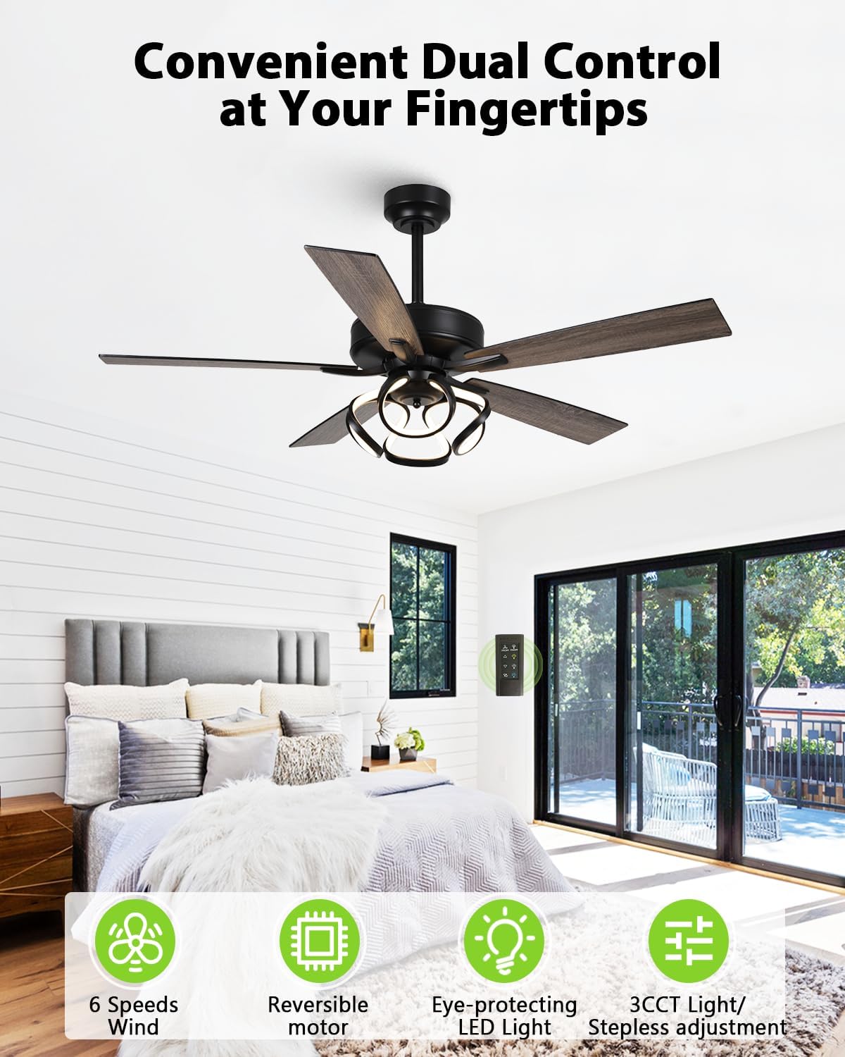 52 Inch Ceiling Fans with Lights, Creative Modern Black Ceiling Fan and Remote, Dimmable, 6 Speeds, Quiet, Dual-Sided Reversible 5 Blades Indoor Outdoor Chandelier Fan for Bedroom Living Room