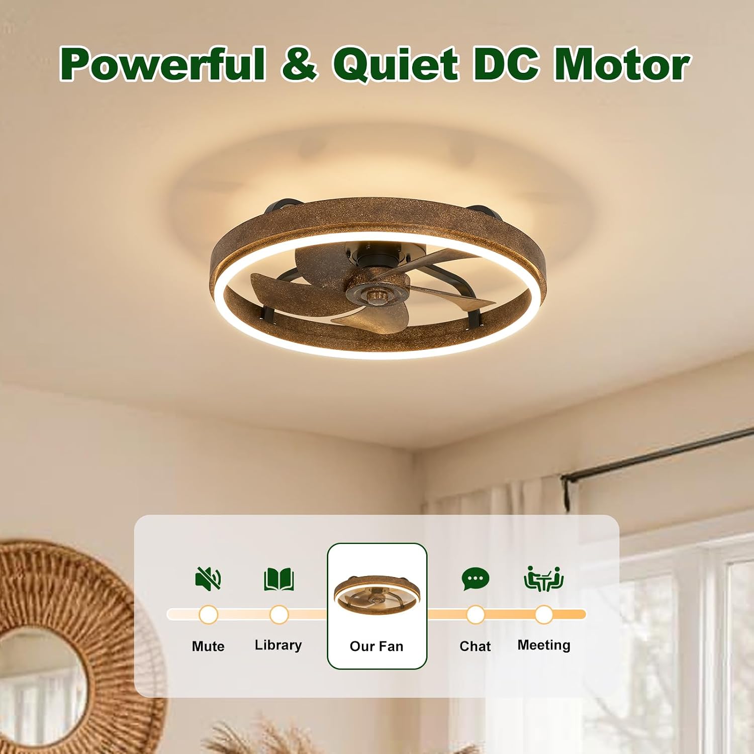 20 Inch Low Profile Farmhouse Ceiling Fan with Dimmable LED & Remote | Rustic Wood Fandelier, Vintage Flush Mount Ceiling Fan, Smart Remote & APP Control, Dimmable LED, 6 Speed, Reversible Blades
