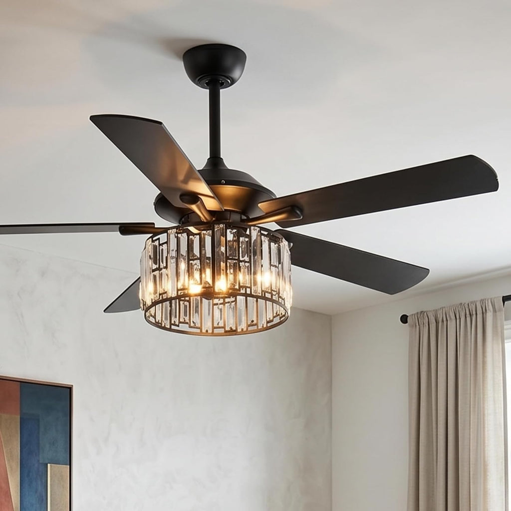 Parrot Uncle Ceiling Fans with Lights and Remote Black Ceiling Fan with Light for Bedroom Crystal Chandelier Fans, Reversible Motor, Timer, E26 Lamp Base, 52 Inch