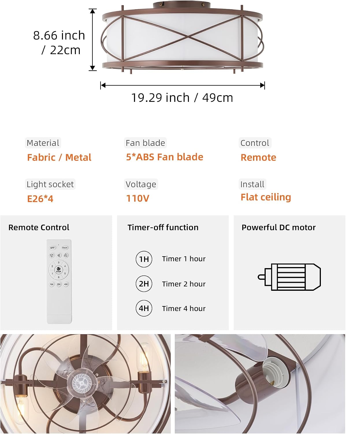 Brown Flush Mount Farmhouse Ceiling Fan with Lights, 20' Caged Rustic Ceiling Fans with Light and Remote, Enclosed with 6 Speeds for Living Room, Bedroom, Nursery