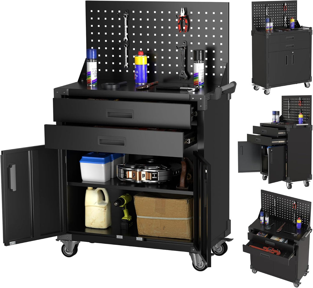 Tool Cart with Wheels and 2 Drawers, Metal Garage Storage Cabinet with Lockable Doors, Pegboard and 4 Hooks for Garage, Workshop, Tool Chest, Heavy Duty Work Bench, Black, Assembly Required