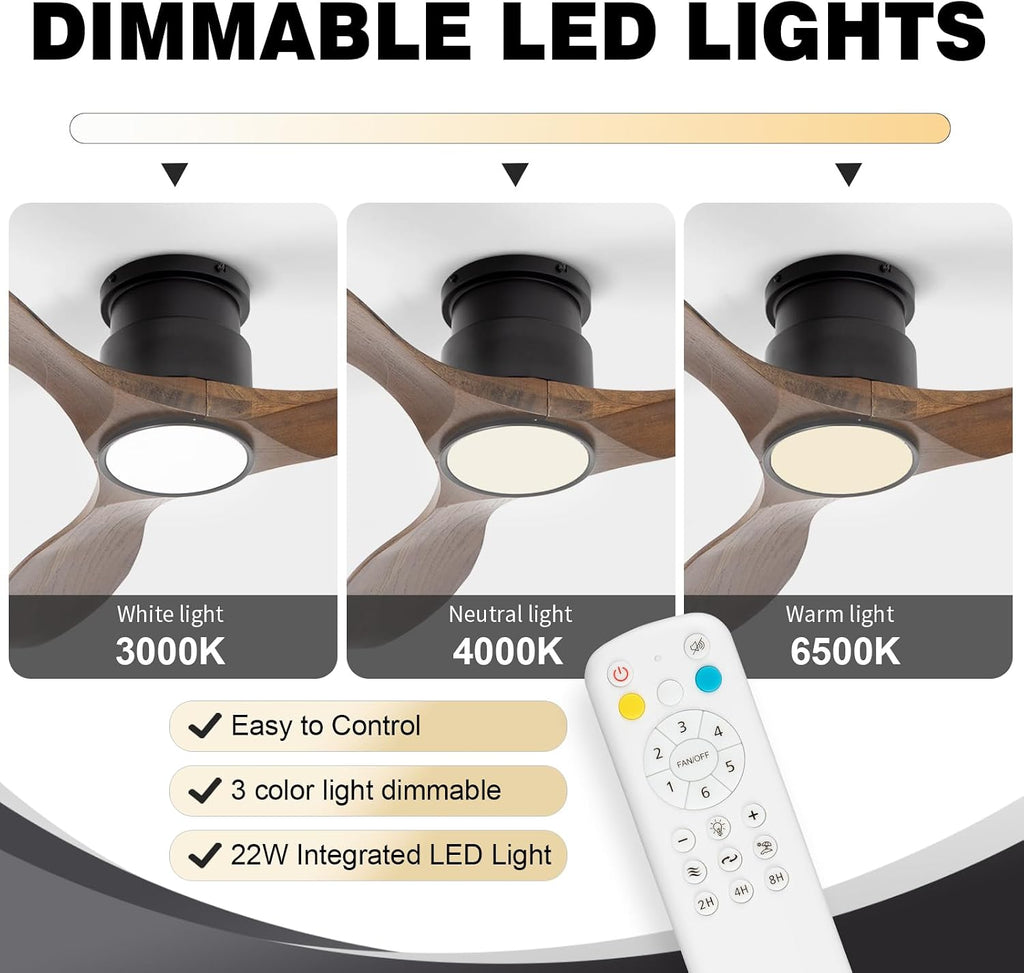 52'' Ceiling Fan with Lights and Remote, 3 Blade Amber Wood Low Profile Flush Mount Ceiling Fan Indoor, Reversible 6 Speeds Dimmable LED Light Fan for Bedroom Living Room Farmhouse