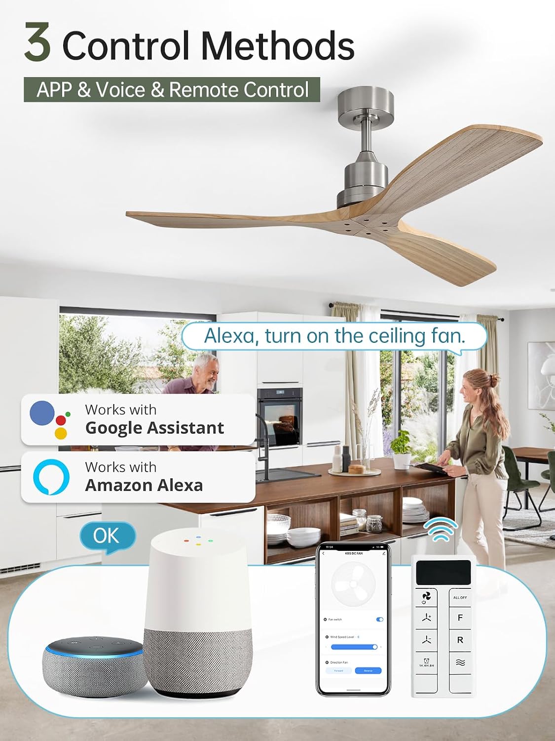 Sofucor 52 Inch Smart Ceiling Fans without Light-Modern Solid Wood Outdoor Ceiling Fan No Light APP Remotel Control for Bedroom Living Room Indoor Farmhouse Patio,DC Motor,Brushed Nickel&Natural Wood
