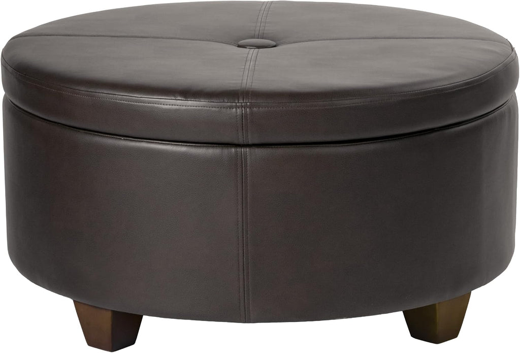 HomePop 32' Large Tufted Round Storage Ottoman - Vintage Brown Faux Leather