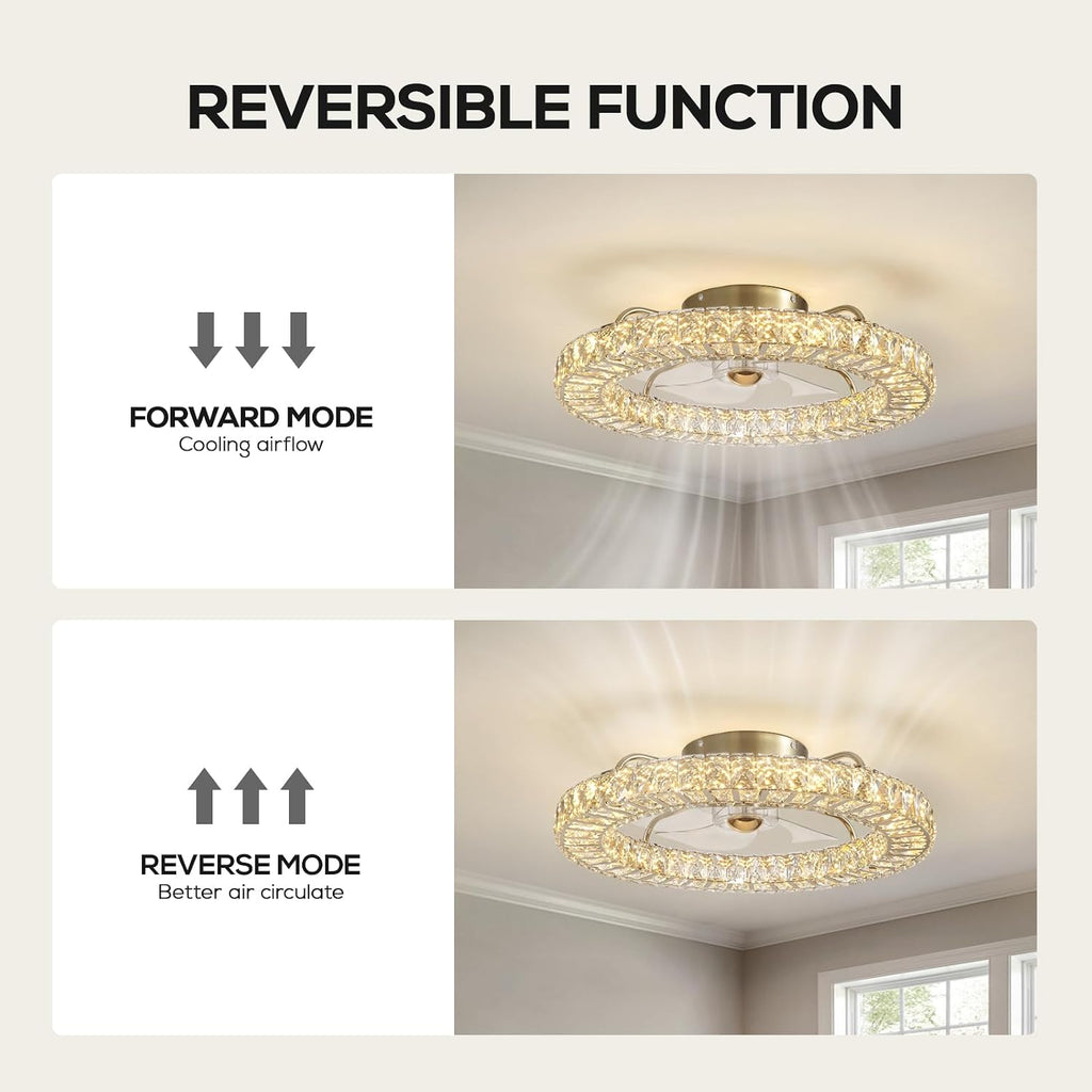 22' Low Profile Flush Mount Ceiling Fan, Ceiling Fan with Light and Remote, Dimmable Fandelier with Crystal Lampshade, Bladeless Enclosed Fan Light-Gold