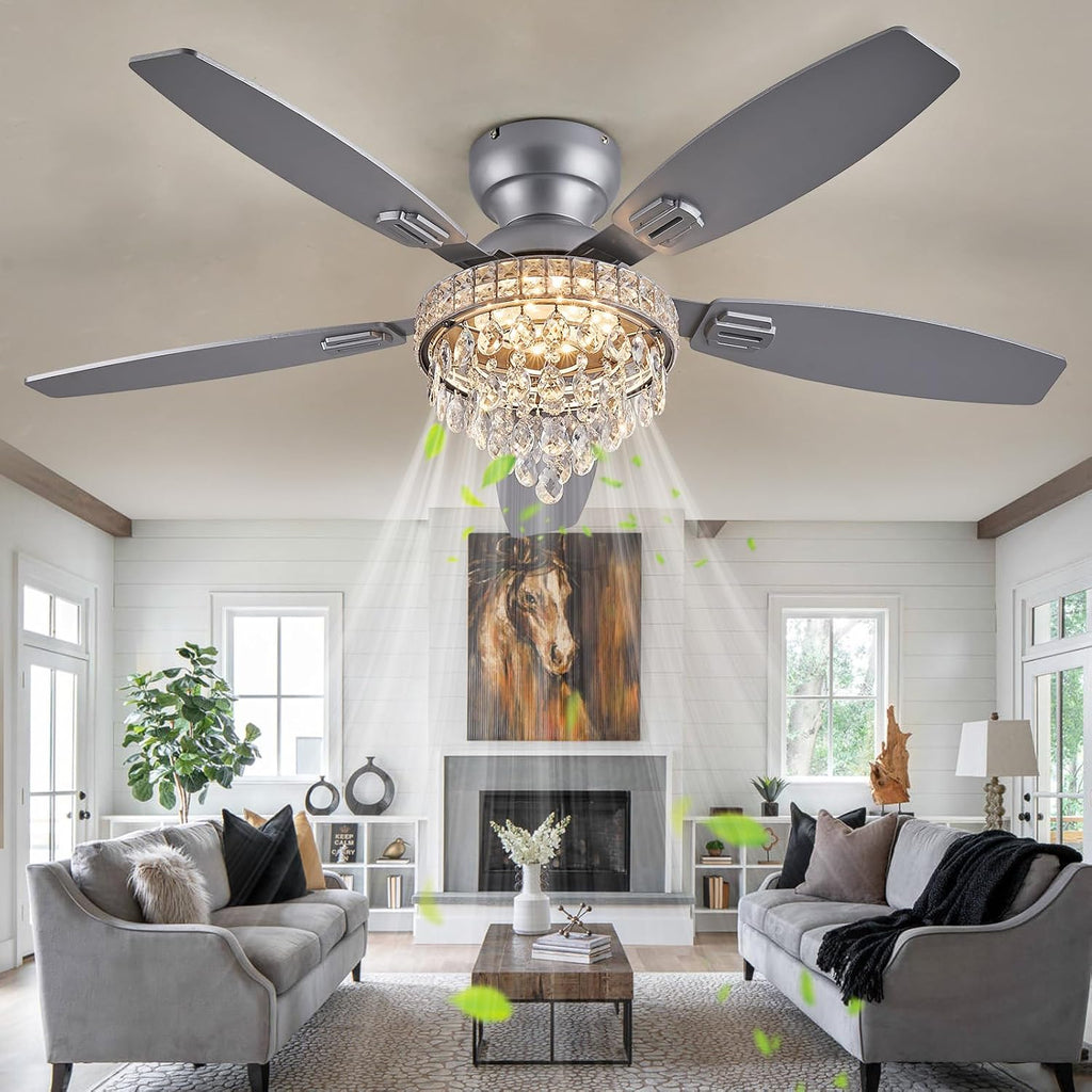 Crystal Ceiling Fan Fandelier with Lights-Ceiling Fans with Lights,50' Low Profile and Remote Control, Flush Mount, Reversible, Dimmable, Noiseless, Sliver Ceiling Fan for Bedroom