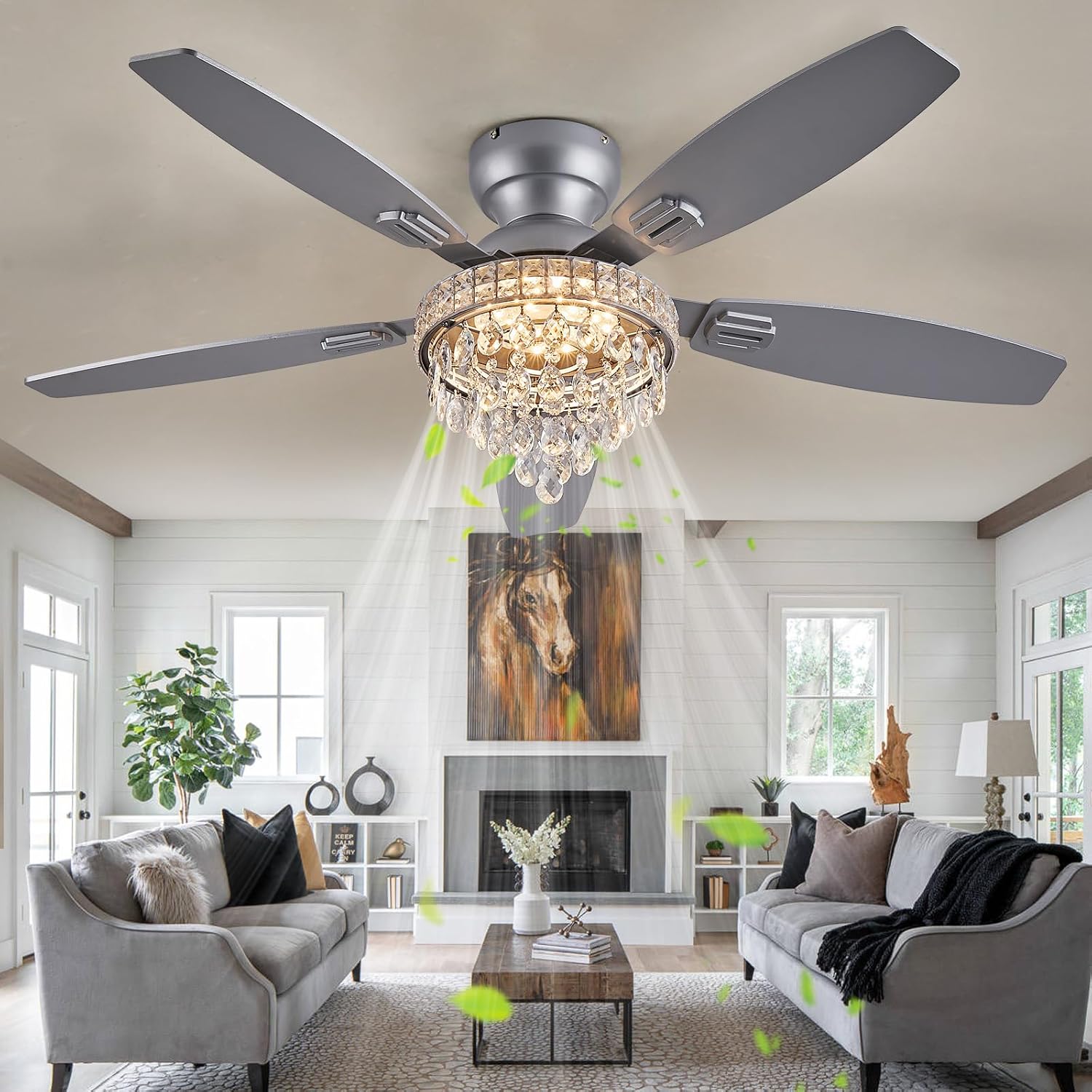 Crystal Ceiling Fan Fandelier with Lights-Ceiling Fans with Lights,50' Low Profile and Remote Control, Flush Mount, Reversible, Dimmable, Noiseless, Sliver Ceiling Fan for Bedroom