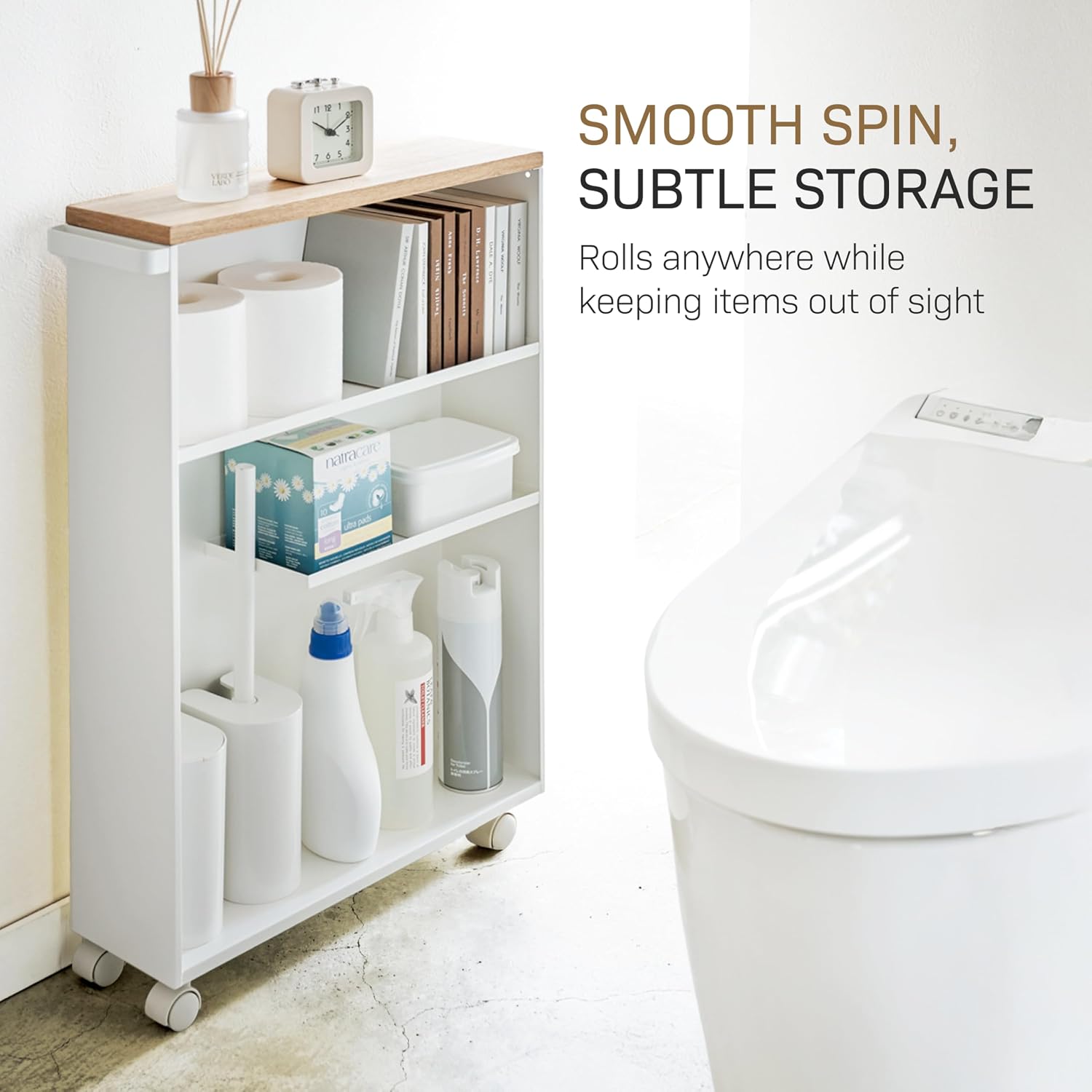 Yamazaki Home Slim Rolling Storage Cart – Narrow Bathroom Storage Cabinet With Handle, Slim Bathroom Storage Cart With Wheels, Easy Assembly, Steel + Wood, White, 27' - Steel -