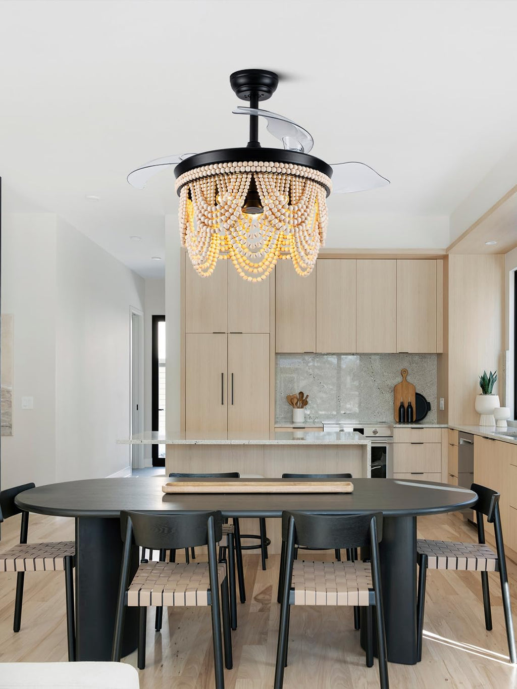 42 Inch Boho Retractable Ceiling Fan with Lights Boho Fandelier Ceiling Fan Wood Beaded Coastal Chandelier, 6 Speeds Reversible Quiet DC Motor 3 E26 for Bedroom Living Room