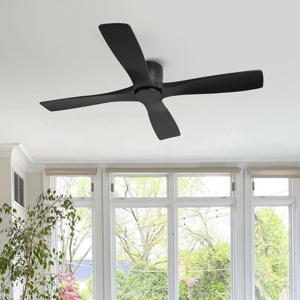 WINGBO 48 Inch Flush Mount DC Ceiling Fans without Lights, 4 Carved Solid Wood Blades, 6-Speed Reversible DC Motor, Low Profile Hugger Ceiling Fan No Lights for Indoor and Outdoor, Matte Black