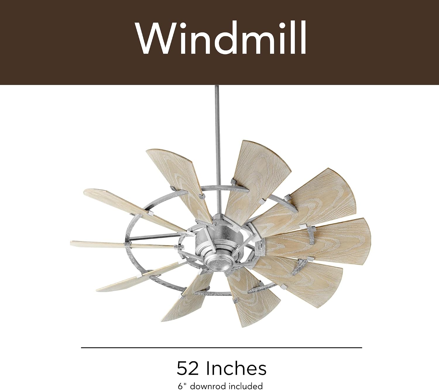Quorum 97215-9 Windmill 72 Inch Ceiling Fan | 15 Blade Wagon Wheel Design | 6 Speed Reversible DC Motor | Remote Control Included | Dry Rated Ceiling Fan | Weathered Oak Blades | Galvanized Finish