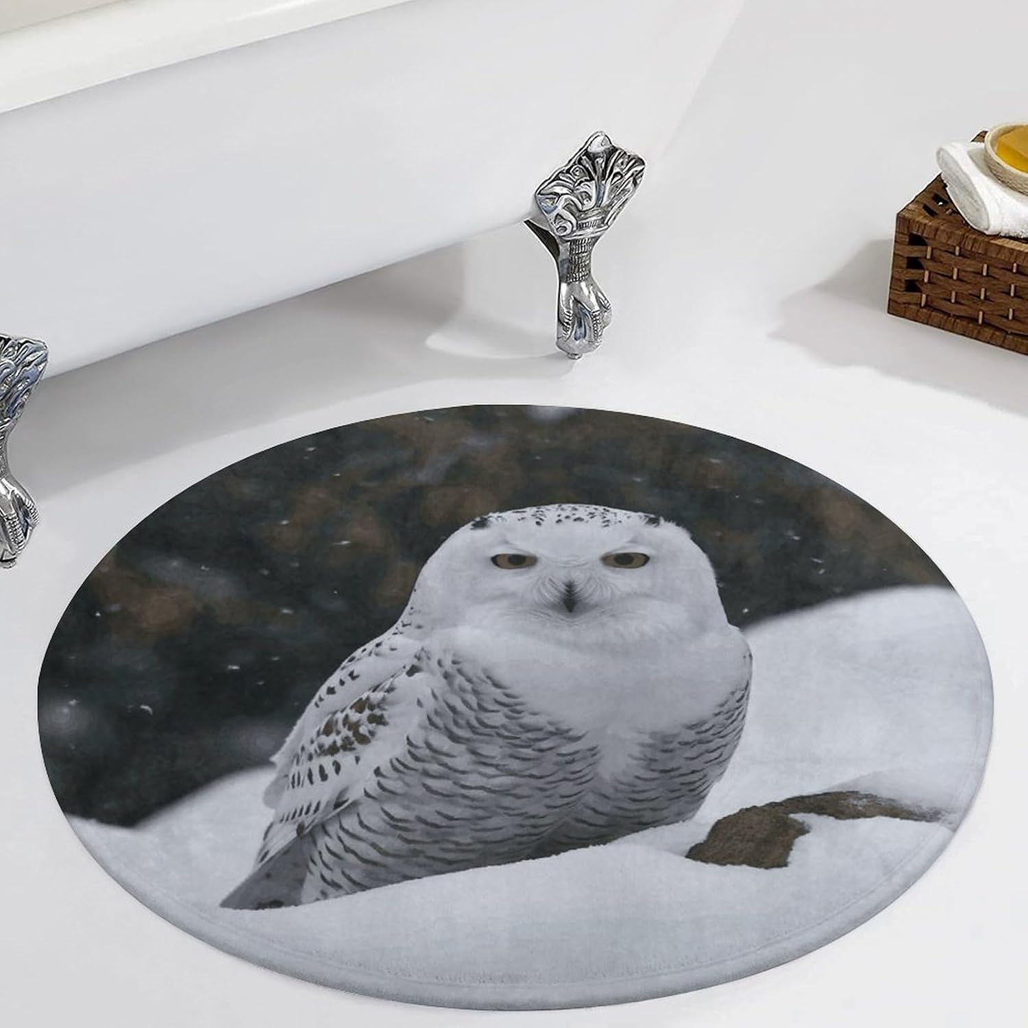Snow Owl Coral Velvet Round Floor Mat Non-Slip Bath Rug Floor Covering for Bathroom Vanity Guest Suite & Vacation Home