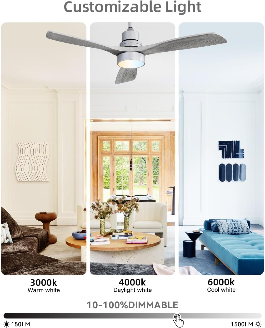 Sofucor 52 Inch Smart Ceiling Fans with Lights and Alexa/Google Assistant/APP/Remote Control-Modern Solid Wood Outdoor 3 Blades Ceiling Fan for Bedroom Living Room Indoor Farmhouse Patio, Silver Grey