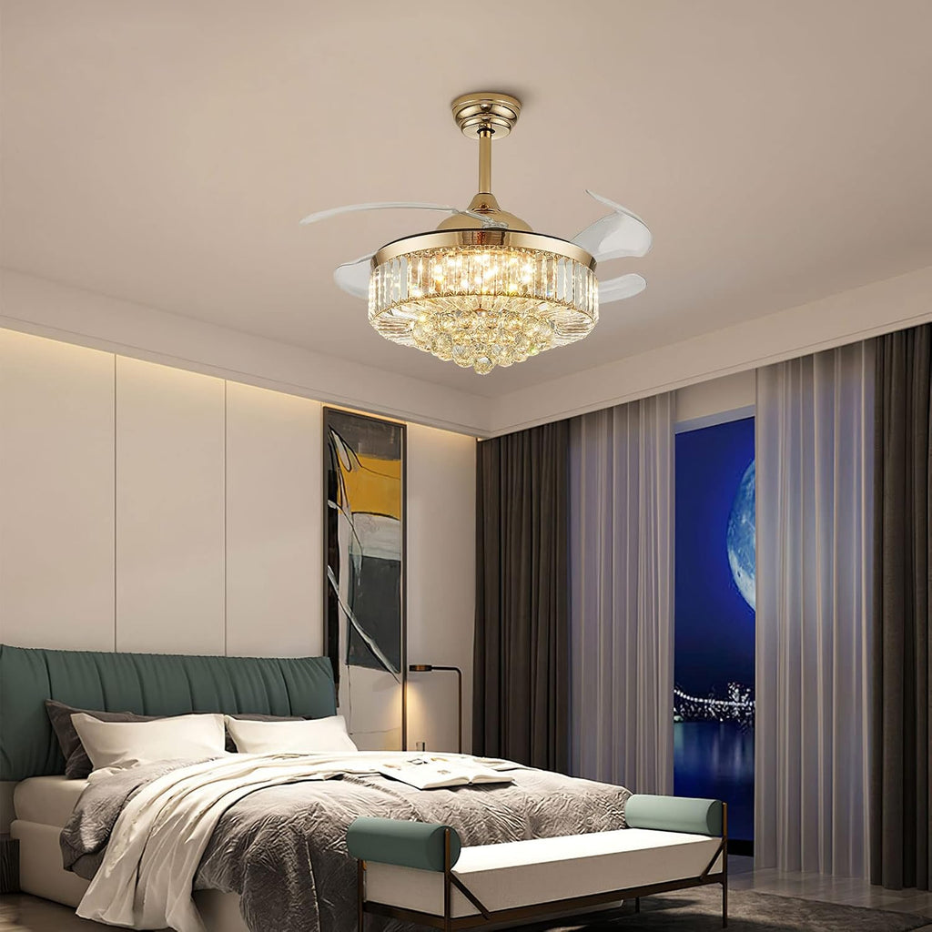 Modern Crystal Ceiling Fans with Lights and Remote Retractable Invisible Blades LED Dimmable Fandelier Gold Chandelier Ceiling Fan for Dining Room, Living Room, Bedroom 42 Inches