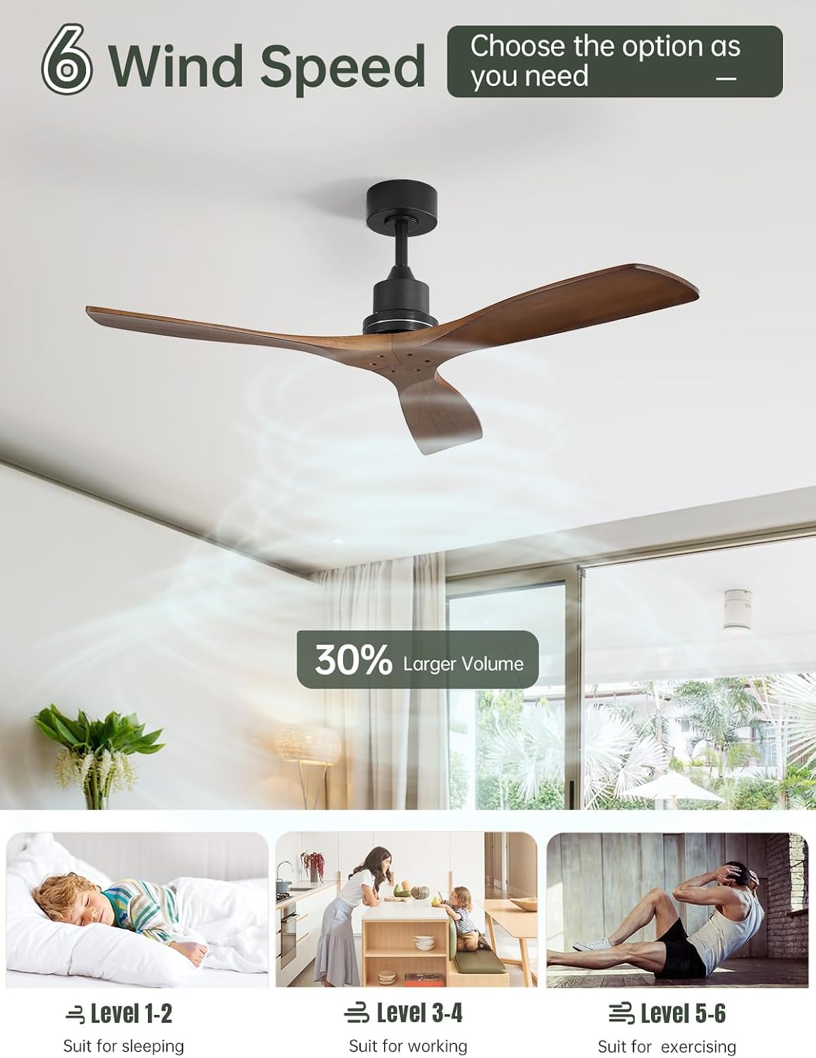 Sofucor 52 Inch Smart Ceiling Fans without Light-Modern Solid Wood Outdoor 3 Blades Ceiling Fan No Light, Alexa/Google Assistant/APP/Remote Control for Bedroom Living Room Farmhouse Patio,Walnut Black