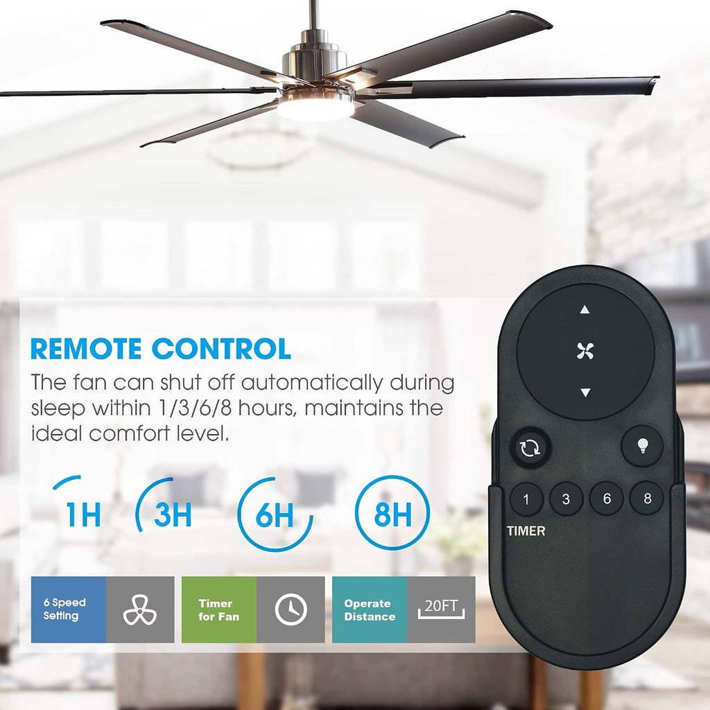 Ceiling Fans with Lights and Remote, 72 Inch Industrial Ceiling Fan for Living Room Bedroom Outdoor Ceiling Fans for Patios, LED Lighting Ceiling Fans, DC Motor Reversible 6 Blades, Brushed Chrome