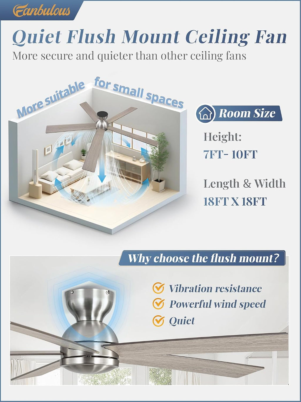 60 Inch low profile ceiling fan, Brushed Nickel Large Ceiling Fan no Lights, 6-Speeds, Quiet Reversible DC Motor, Indoor/Outdoor Ceiling Fans no light for Patios, Living Room, Bedroom